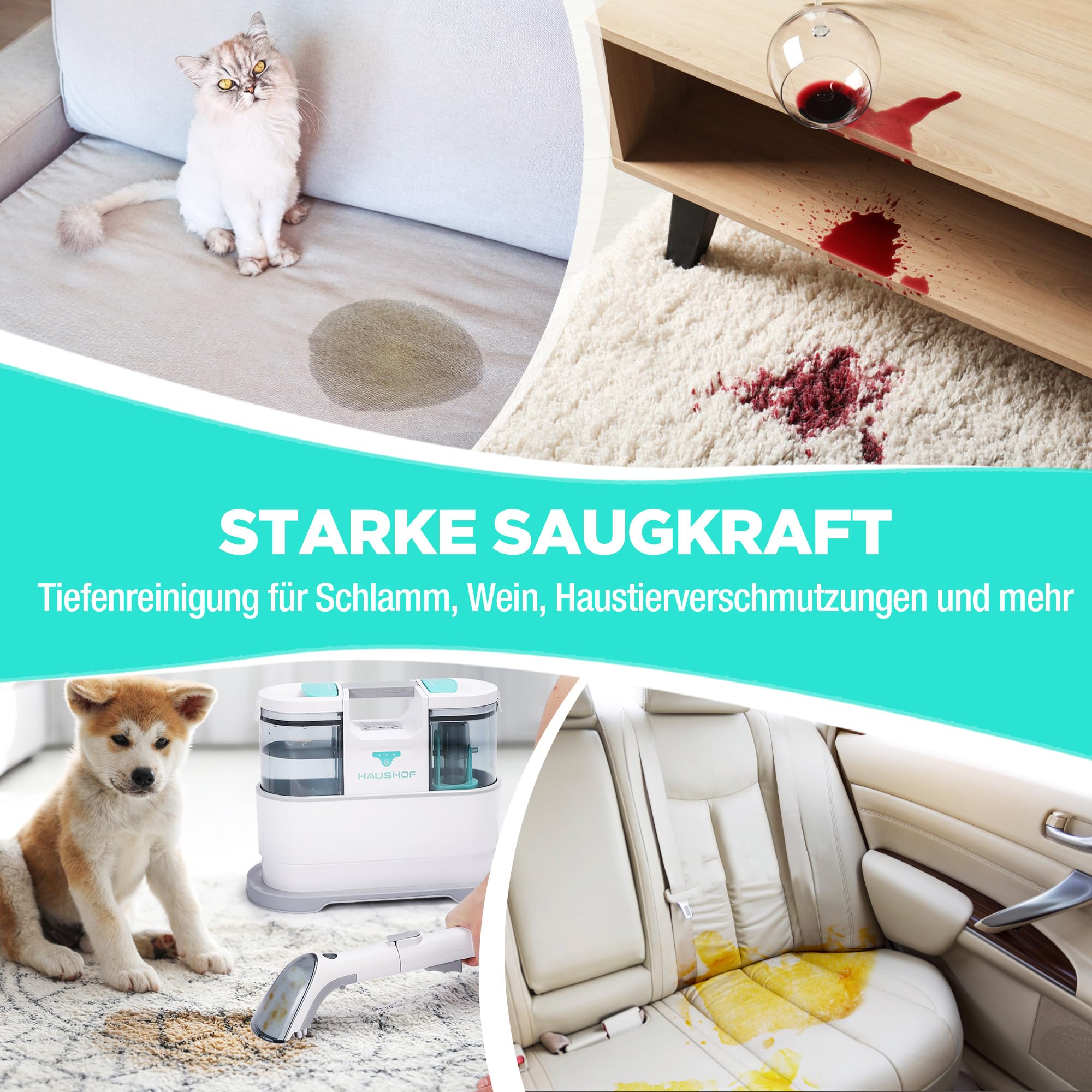 HAUSHOF StainZapper Air, Akku Waschsauger für Auto 12kPa, 24V Kabelloser Fleckenreiniger Teppichreiniger mit Reinigungsmittel 75dB, Polsterreiniger für Teppich, Sofa, Polster