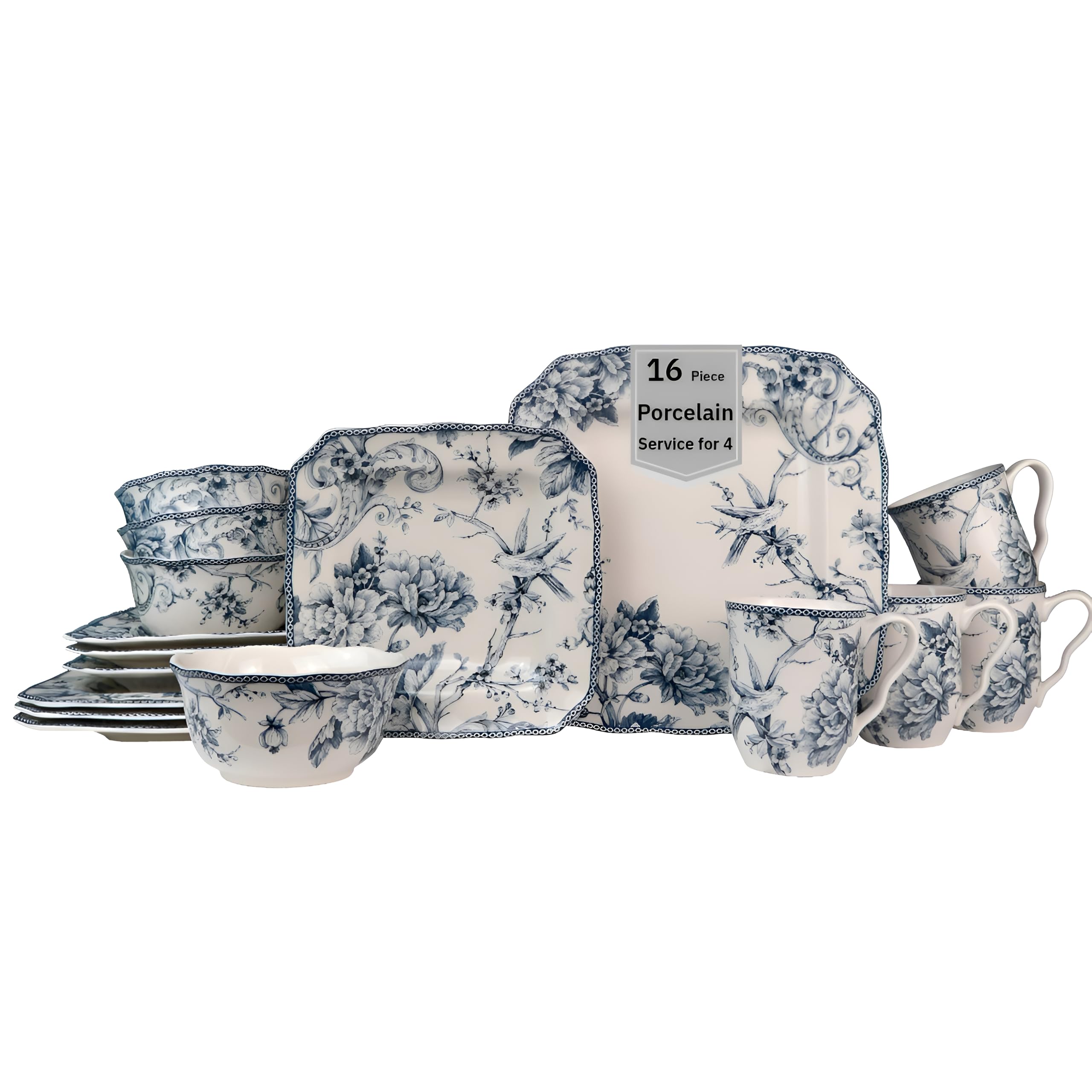 222 Fifth Adelaide 16-Piece Square Floral Dinnerware Set – Service for 4, Blue & White Porcelain Plates & Bowls, for Everyday Dining & Entertainment, Microwave & Dishwasher Safe, Chip Resistant
