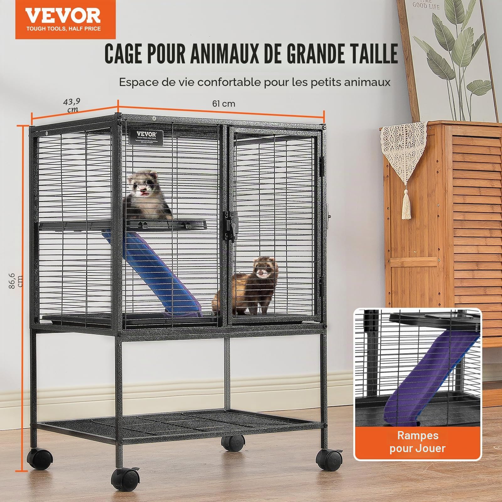 VEVOR Cage à Furet en métal roulante 865 mm, Grande Cage pour Petits Animaux à 2 Niveaux avec Rampe et Plateau, pour Rats de Compagnie, Hamster, Cochon d'Inde, Chinchilla, écureuil, hérisson, Lapin