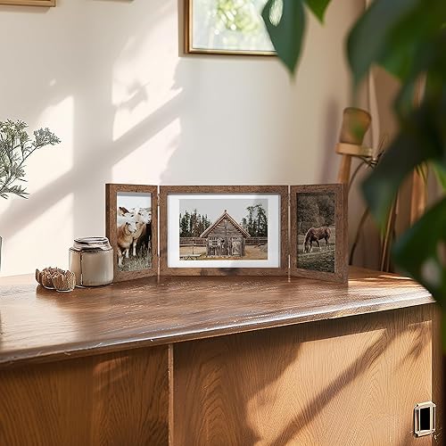 Miniatura 2 de Marco de fotos de 3 unidades, marco de collage de fotos de 5 x 7 y 4 x 6 pulgadas para pared, marcos de fotos plegables rústicos con bisagras, marco