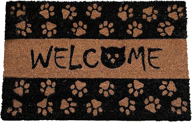 Natural Coir Mat Printed Patterned Dirt Trapper Indoor/Outdoor Door Mat Welcome Mat Non-Slip PVC Backed Doormat 60cm x 40cm (Welcome Cat Prints)