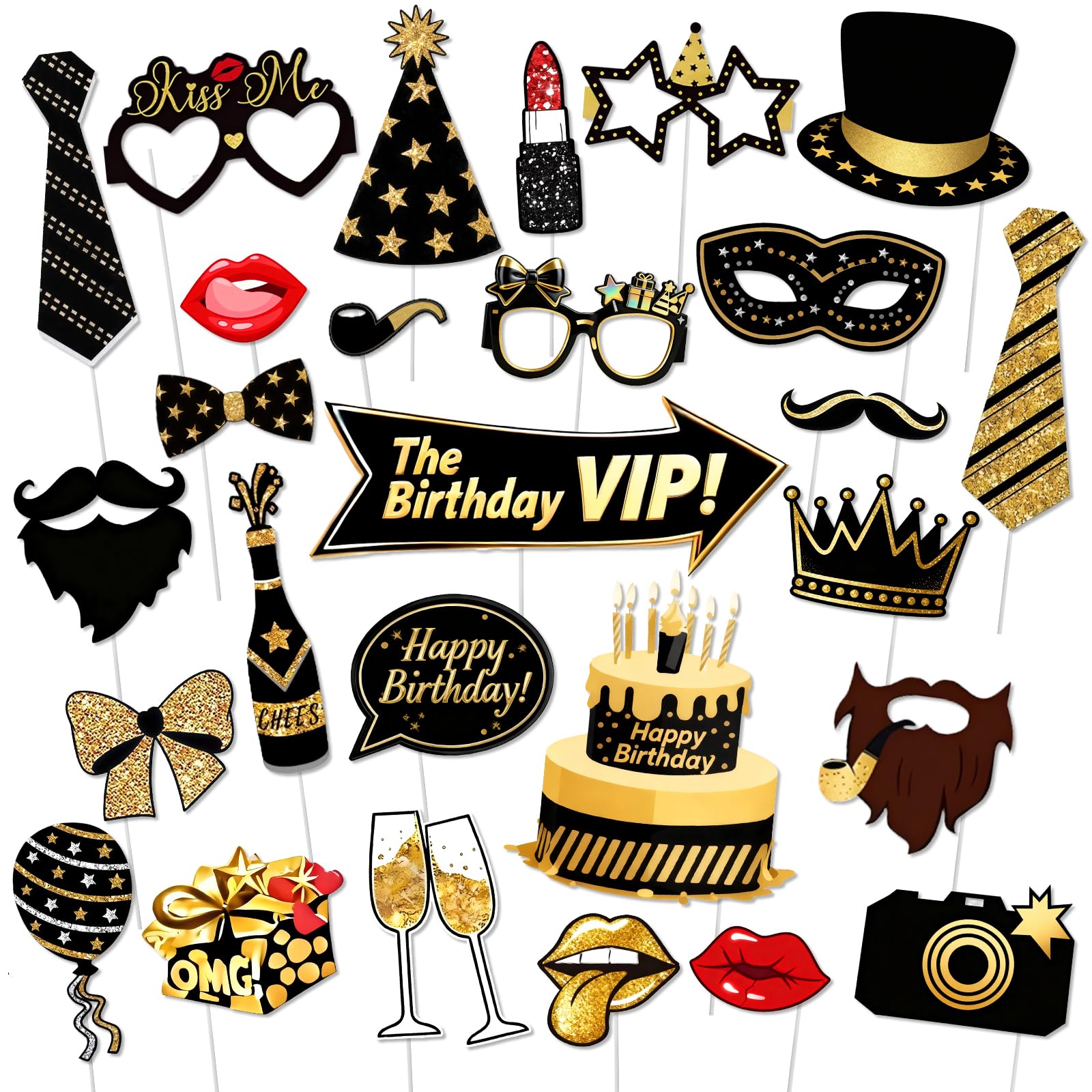 G2PLUS Birthday Photo Booth Props: 32pcs Black and Gold Party Props, Birthday Decorations for Men and Women