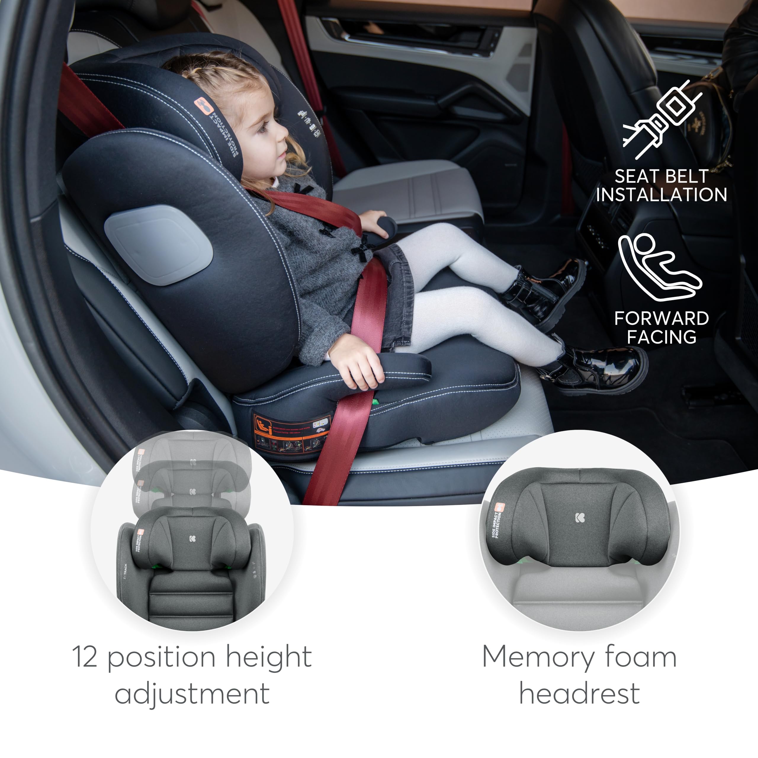 KikkaBoo Fotelik Samochodowy i-TRACK i-Size 100–150 cm, Grupa 2/3 ISOFIX, dla Dzieci 3,5–12 Lat (15–36 kg), System Ochrony Bocznej SPS, Zagłówek Regulowany w 12 Pozycjach, Szary