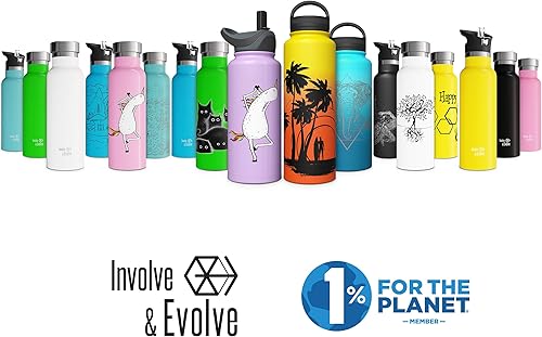 Miniatura 6 de Involve & Evolve Botella de agua aislada con 3 tapas (tapa con pajilla) para niños, reutilizable, de doble pared, de acero inoxidable, termo de