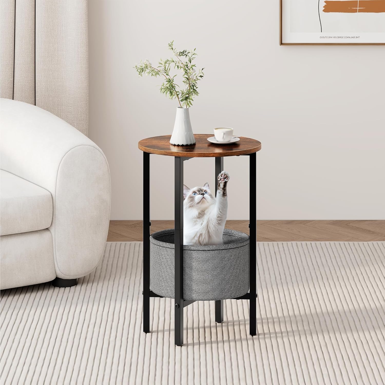 Vagusicc Round Side Table End Table with Storage Basket, Small Side Table Round Nightstand for Small Spaces, Tall Oval End Table with Steel Frame, Coffee Bedside Table for Living Room, Rustic Brown