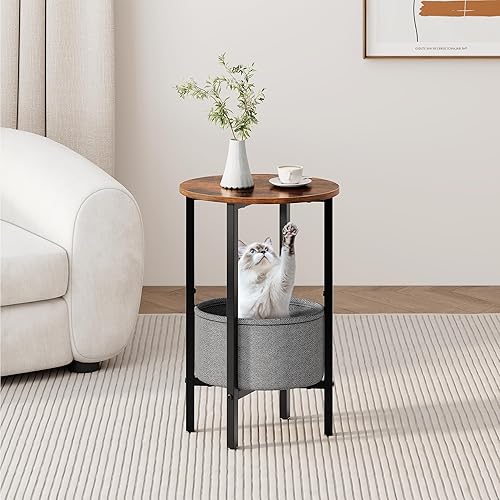 Miniatura 5 de Vagusicc Mesa auxiliar redonda con cesta de almacenamiento, mesa auxiliar pequeña para espacios pequeños, mesa auxiliar alta ovalada con marco de