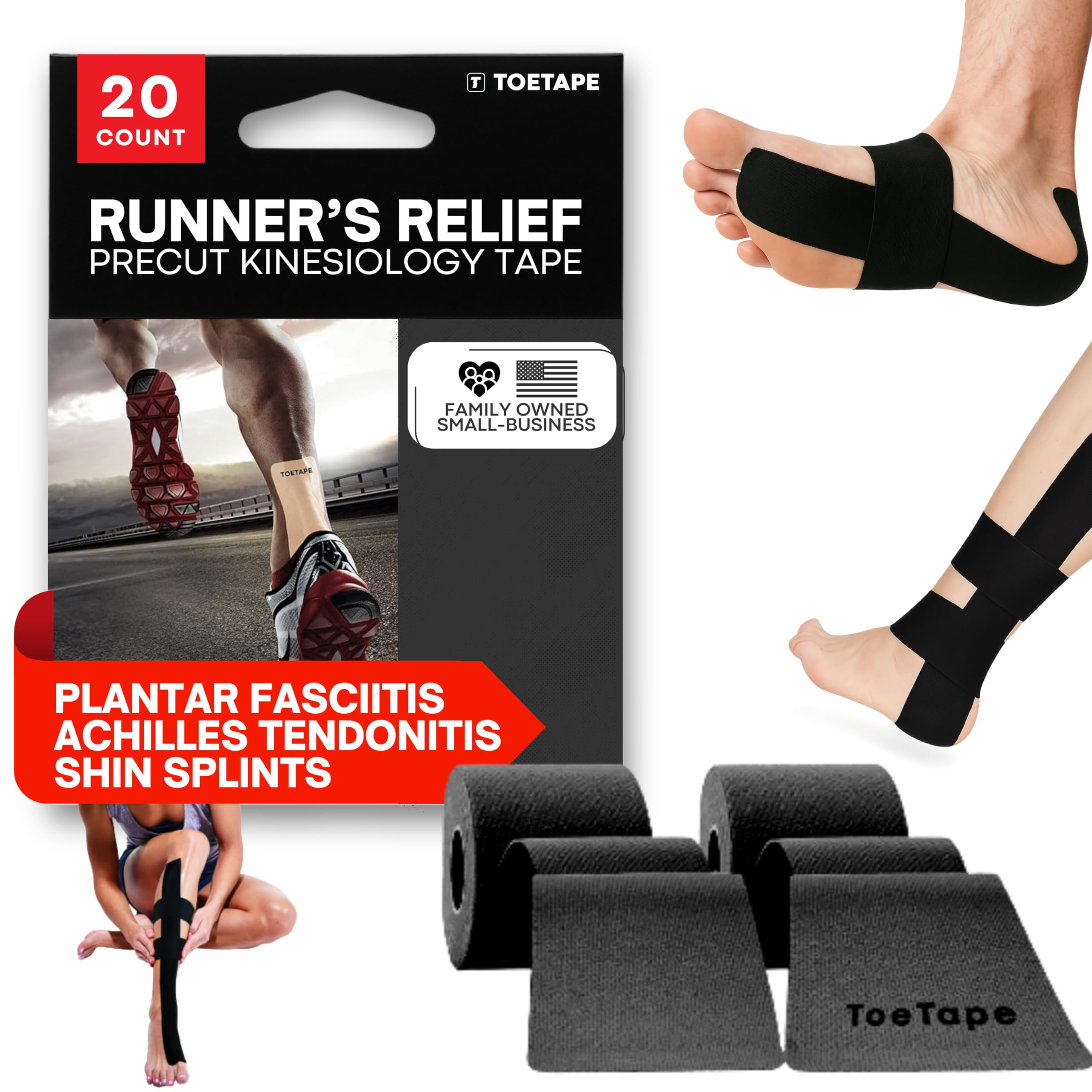 TOETAPE - Runner's Relief Precut Kinesiology Tape | 20 Applications | Black Color | Plantar Fasciitis, Shin Splints & Achilles Tendonitis Support | Sweatproof, Latex-Free, Athletic Arch & Heel Tape