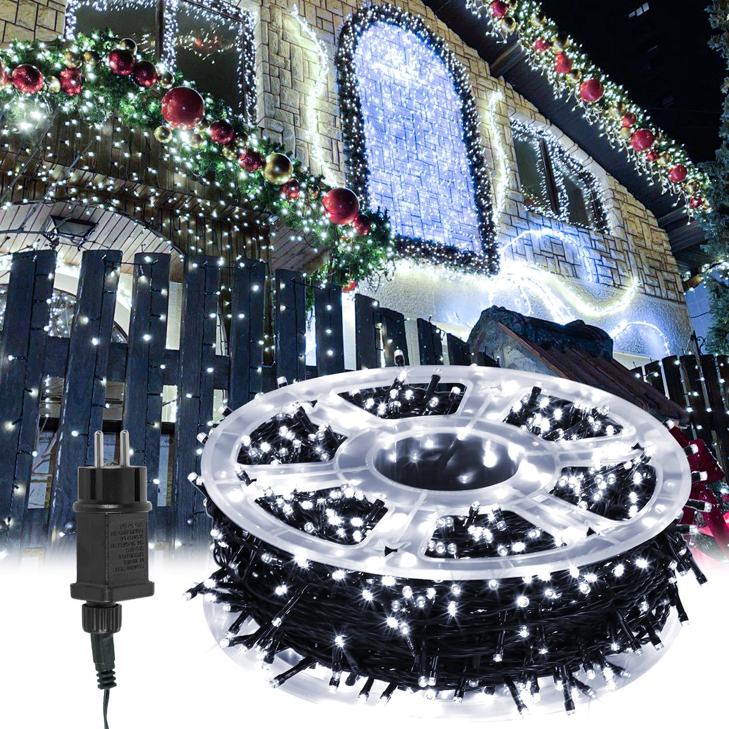 LED Lichterkette Außen 200M 1000LEDs 8 Modi, Lichterketten IP44 wasserdicht mit Memory Funktion für Party Hochzeit Garten Balkon Weihnachten, Kaltes Weiß, Dunkelgrüner Draht