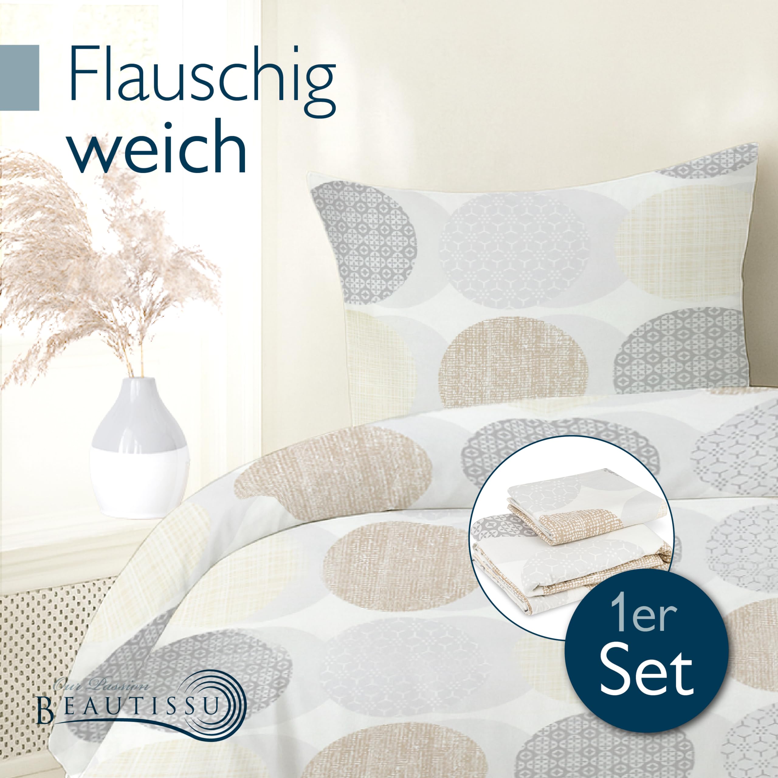 Beautissu Biber Bettwäsche 4teilig 100% Baumwolle Flanell Winterbettwäsche | 135x200cm Beige warme Feinbiber 2X Bettbezug & 2X Kissenbezug 80x80cm Biberbettwäsche Bettwäsche-Sets warm Winter Set Josi