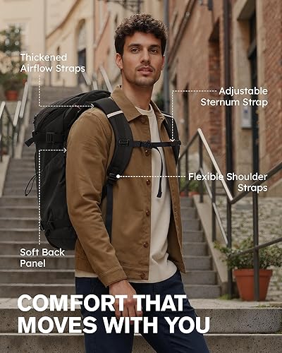 Miniatura 7 de Tolaccea Mochila de viaje de 40 L, mochila para laptop con 3 cubos de embalaje, bolsa de lona aprobada para vuelo para hombres y mujeres, Negro,