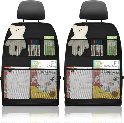 Miniatura 1 de Paquete de 2 fundas protectoras de asiento de coche con 5 bolsillos para niños, organizador de asiento trasero y almacenamiento anti patadas para