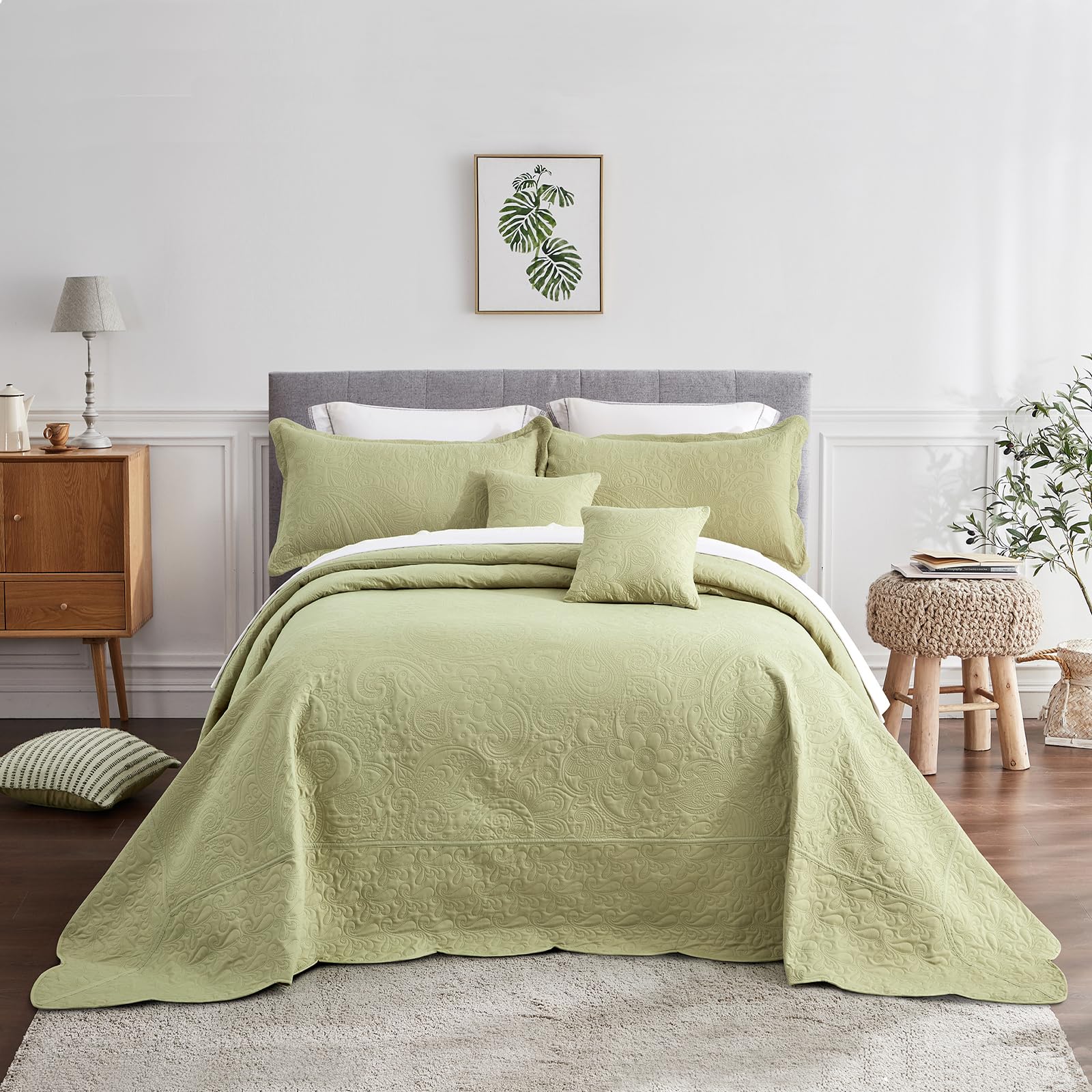 Oversized King Bedspreads 128x120, Embossed Paisley, Sage Green
