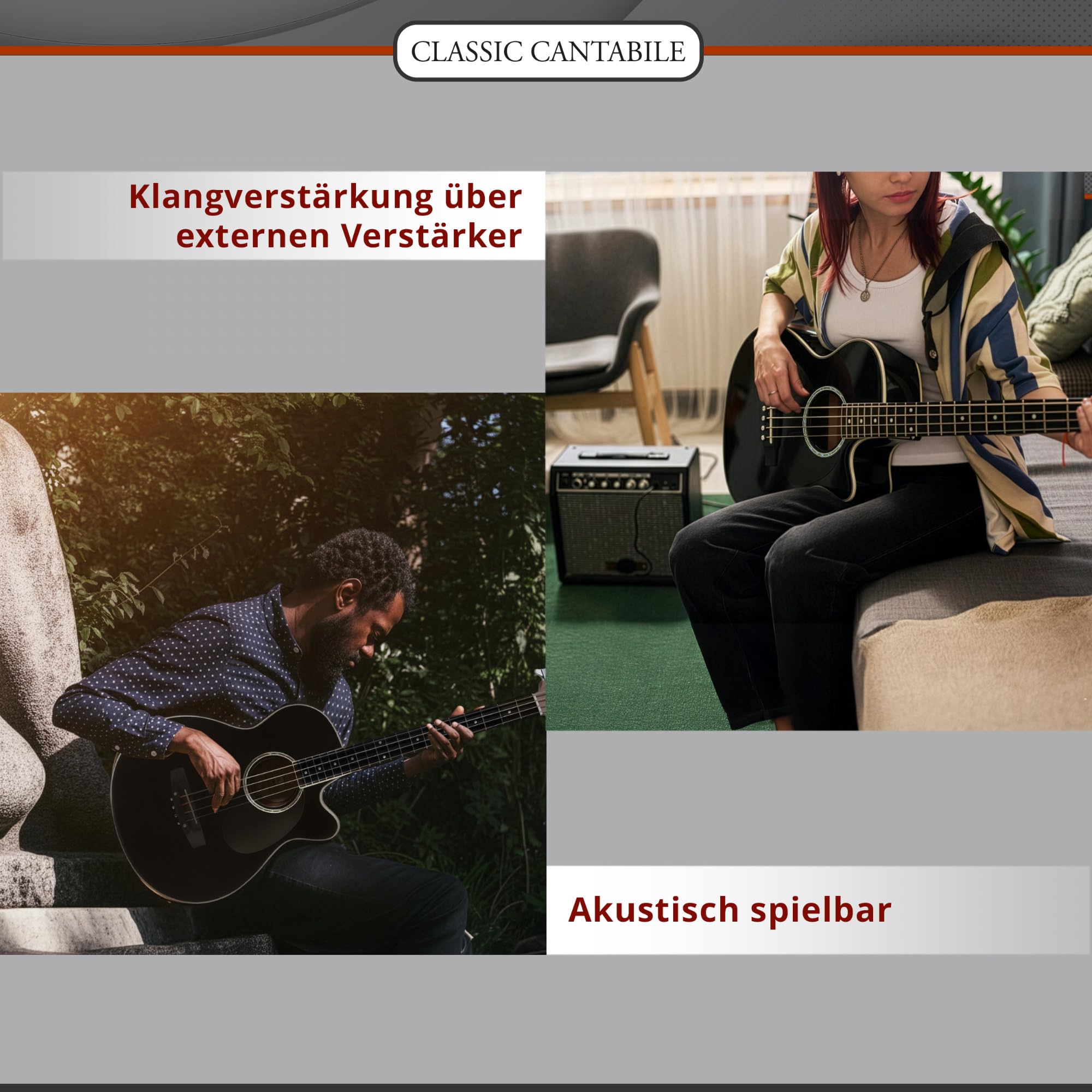Classic Cantabile Short Scale Akustik Bass - 4 Saiten - Black Gloss Finish - Piezo Tonabnehmer & Cutaway - Decke aus Fichte - Boden & Zarge aus Okoume - Ideal für Einsteiger & Unplugged Sessions