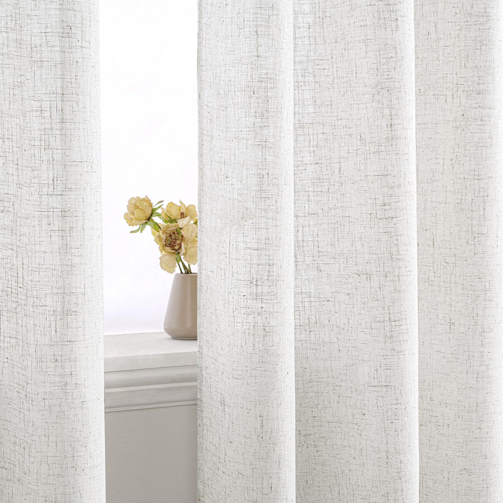 EMEMA Rideau Lin Blanc Œillets Transparent Rideaux 2x140x245cm | Transparent Léger Doux Flux Lumière Intimité Salon Bureau Vintage Élégant Aspect Naturel Tissu Respirant Lavable Machine