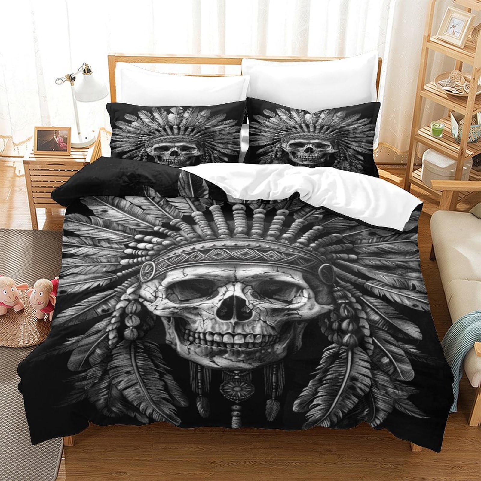 BARDYS Skull Quilt Cover Duvet Cover Comforter Covers for Teens And Adults 3D Print Indian Style Soft Microfiber with Zipper Closure Bedding Set with Pillow Cases 3 Pieces Super King（260x220cm）