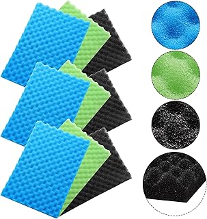 Romooa 9 Pcs Fish Pond Foam Aquarium Filter Sponge Wave Shape Coarse Foam for Fish Tank Sump Pond 17 x 11 Inch x 1/2 to 1 Inch, Black, Green, Blue