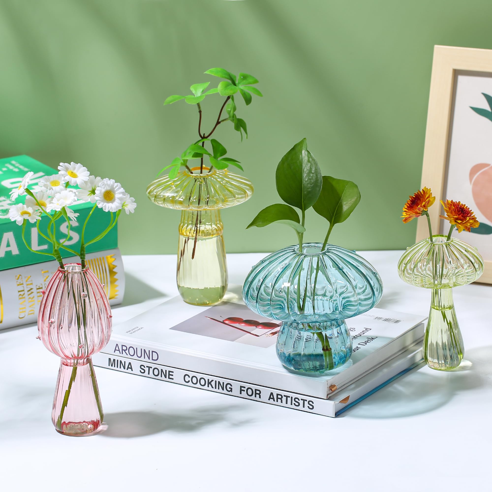 Anzuchtstation, Set mit 6 farbigen Pilzvasen, Anzuchtstationen, kleines Pflanzenterrarium, einzigartige Kristall-Pilzgläser für Pflanzen für Hydrokultur, Zuhause, Garten, Büro, Dekoration (bunt)