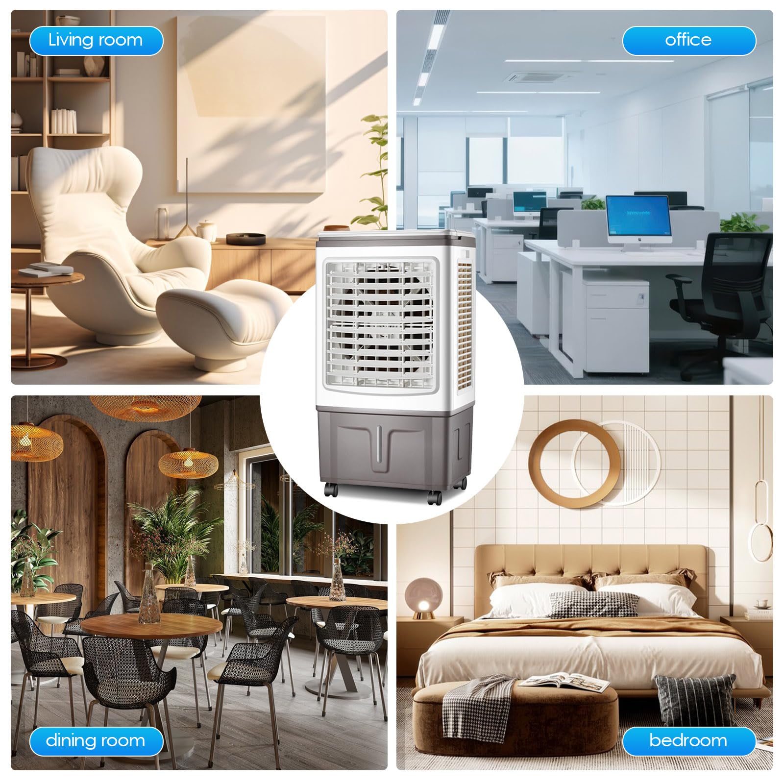 Climatizador Evaporativo 30L, 3000 m³/h Gran Caudal de Aire, 3 Velocidades y Oscilación, Temporizador 7.5H, con Mando a Distancia y 2 Bloques de Hielo para Salones Amplios, Jardines y Terrazas