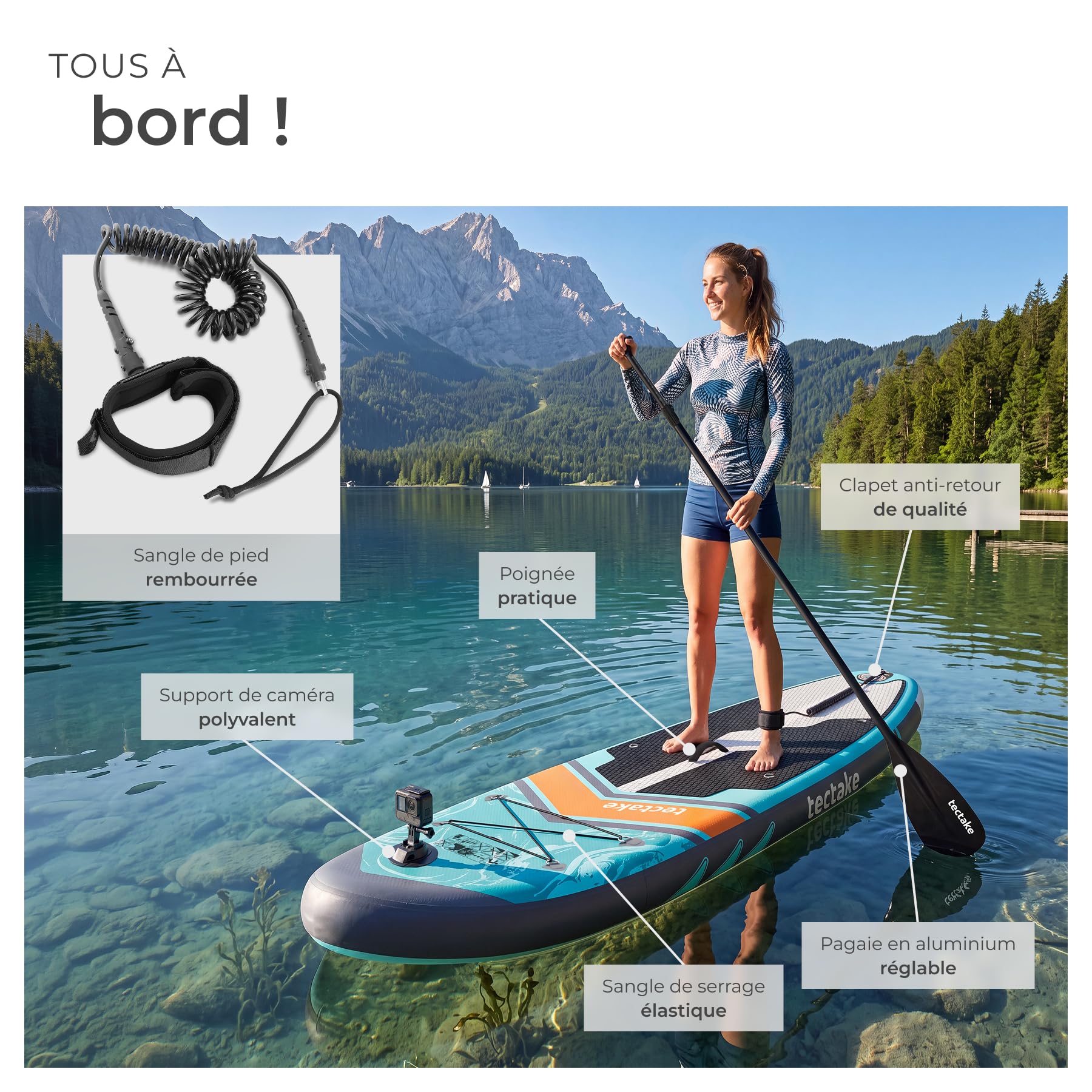 tectake® Stand-up Paddle Gonflable, Siège de Kayak, Support caméra, 288cm | Stable et léger, Surface antidérapante, Kit complet avec Pagaie double réglable et Sac à dos, Matériau Drop-Stitch, Max 200Kg