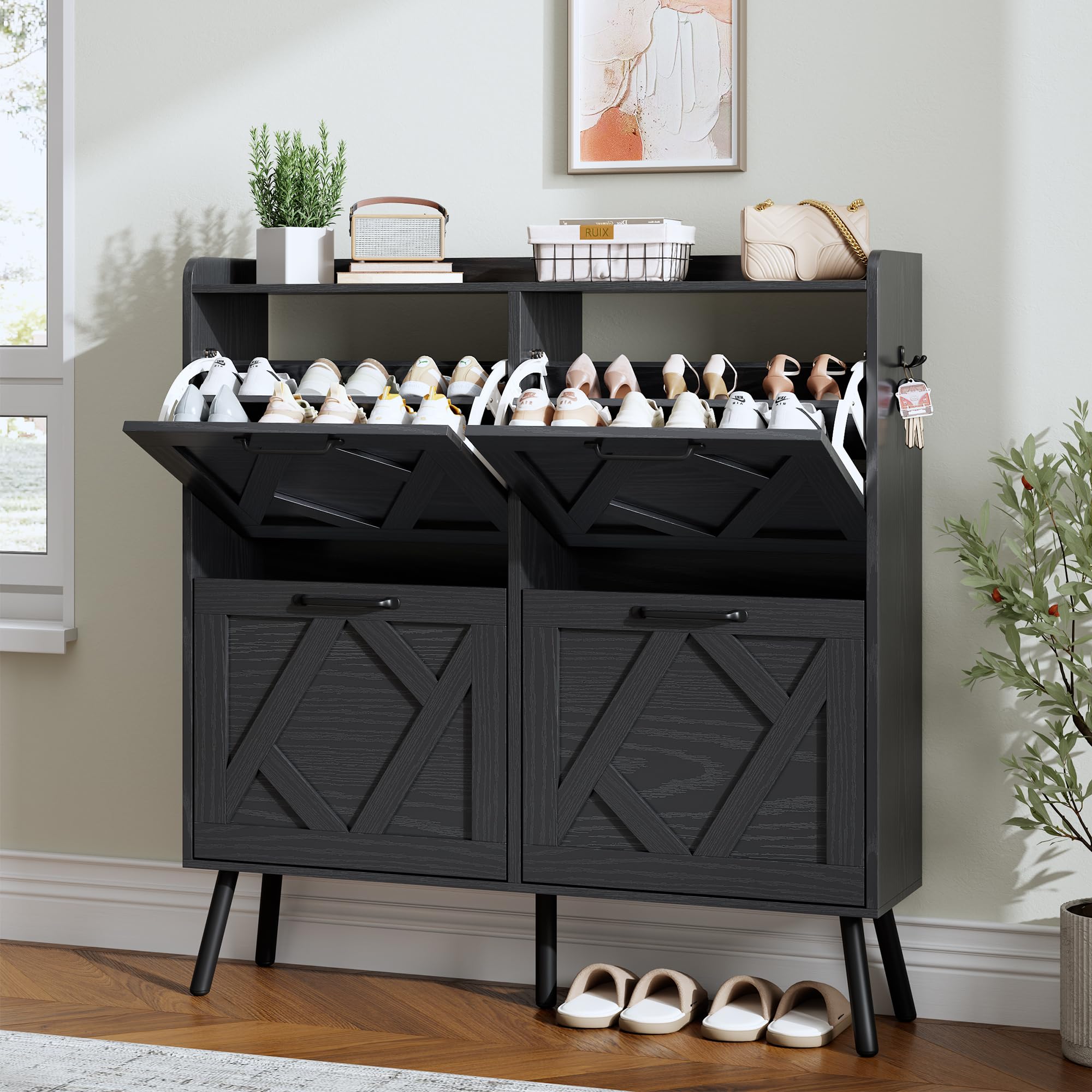 Nicetree Shoe Cabinet with 4 Flip Drawers, Hidden Shoe Rack Cabinet with Metal Legs, Farmhouse Narrow Shoe Storage Cabinet for Entryway, Foyer, Hallway, Black