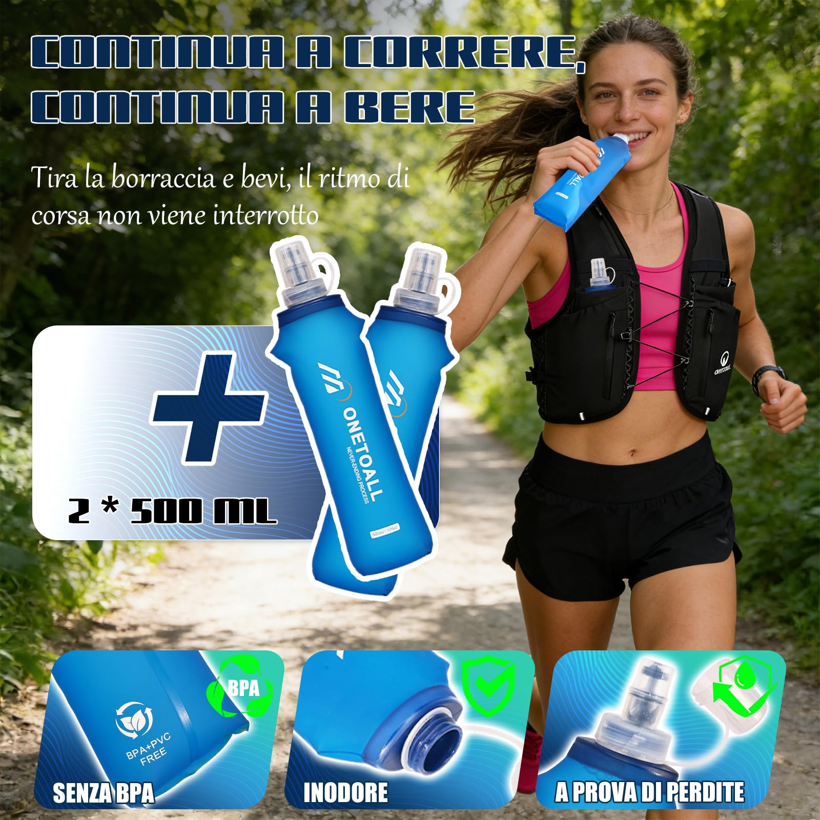Gilet Running Uomo Donna, Zaino Trail Running, Running Vest con 2 Borraccia Morbida 500ml y Luce LED Ricaricabile, Gilet Corsa per Marathon Trekking Ciclismo Sci, Ultraleggero e Traspirante