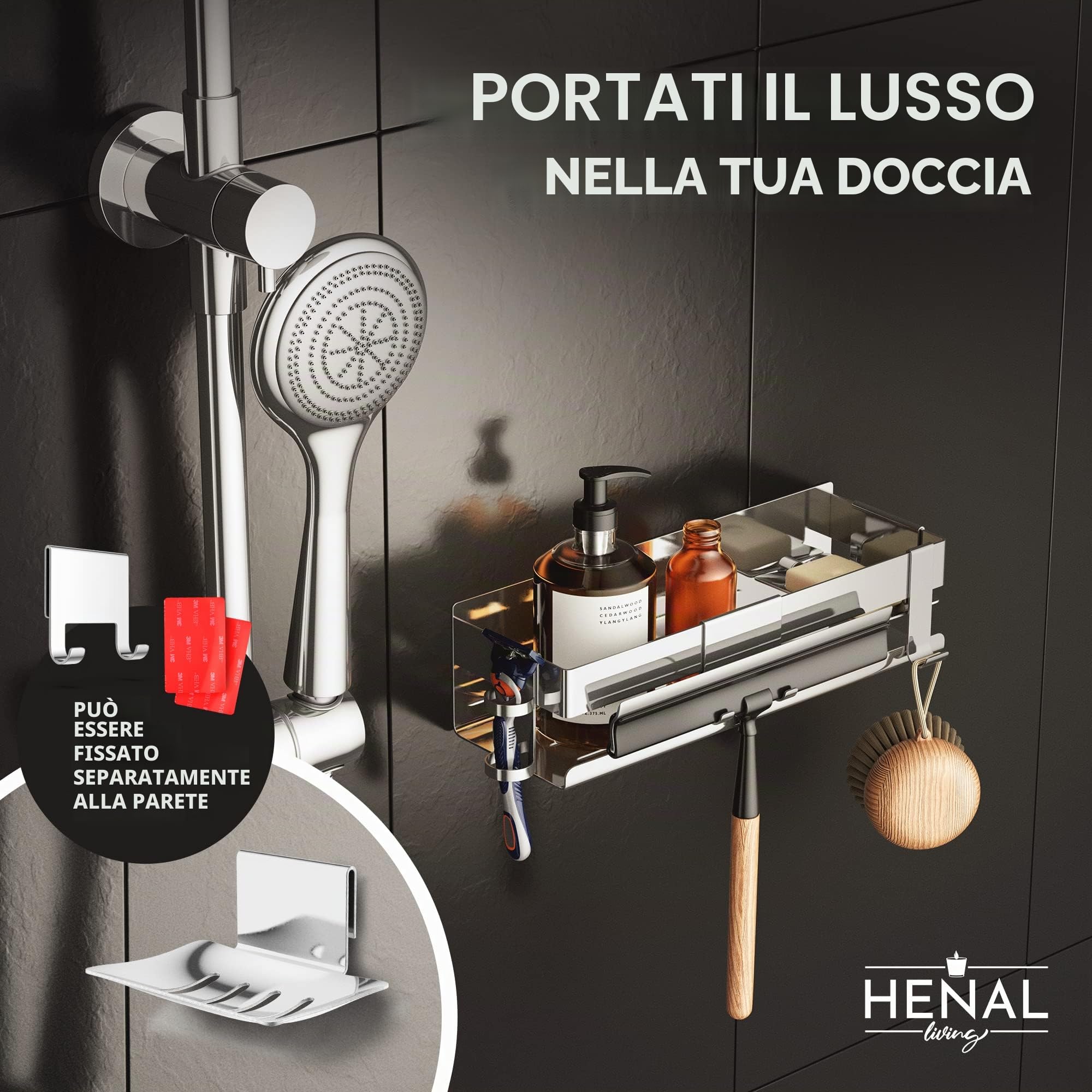 HENAL® Set di ripiani per doccia 5 in 1, in acciaio inox lucido, incollare senza forare, con supporto per rasoio, supporto per tergicristallo doccia, portasapone e gancio, XXL