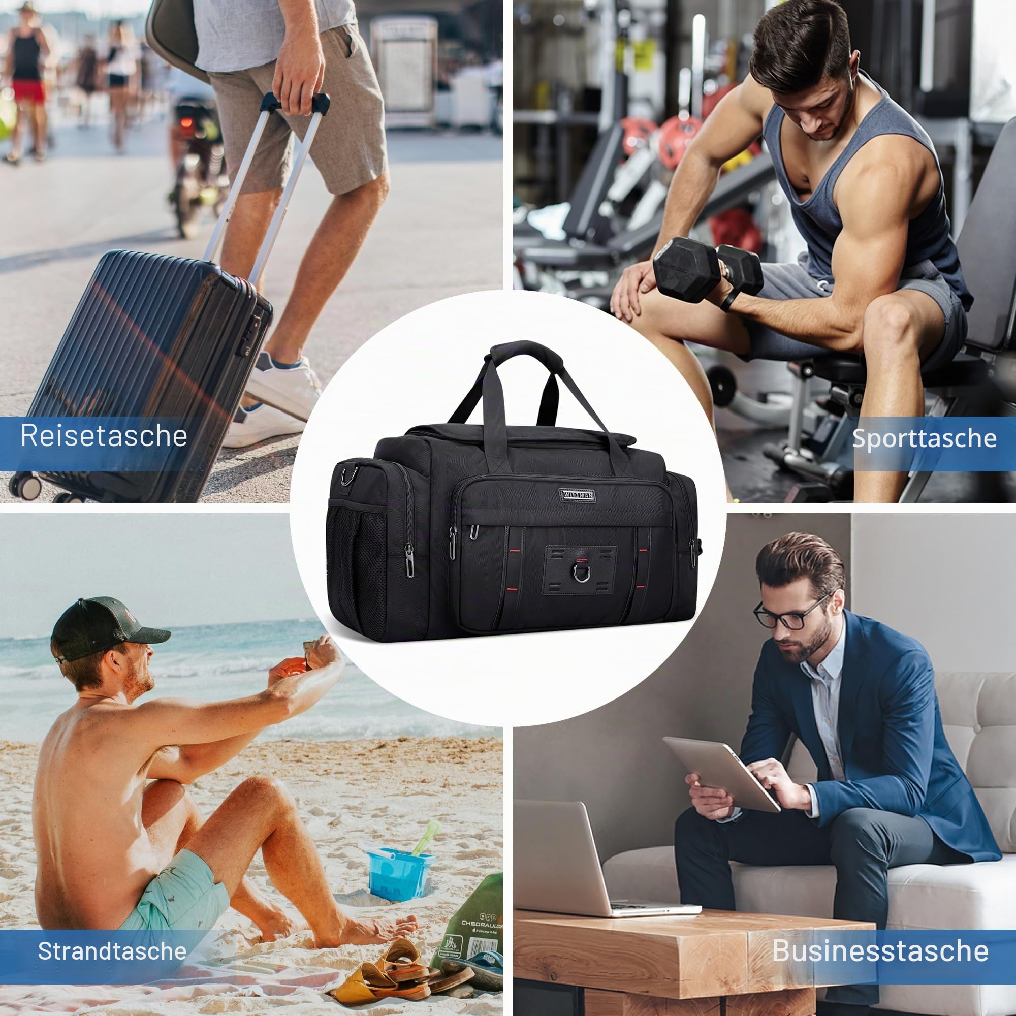 WITZMAN Reisetasche Herren Groß Sporttasche mit Schuhfach Duffle Bag für Travel Gym Trainingstasche Sport Tasche(B719 Schwarz)