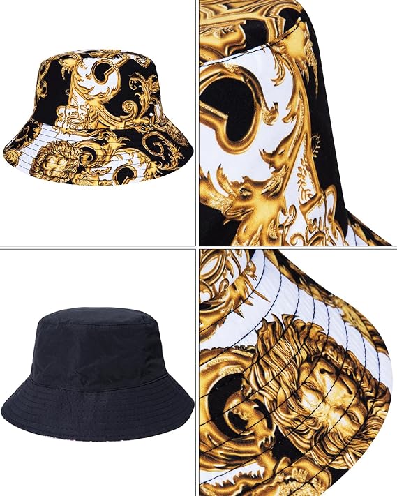 fohemr Outfit Men's Baroque 2-Piece Golden Chain Pattern Shirt Shorts with Bucket Hat Leisure Summer Holiday Beach Set