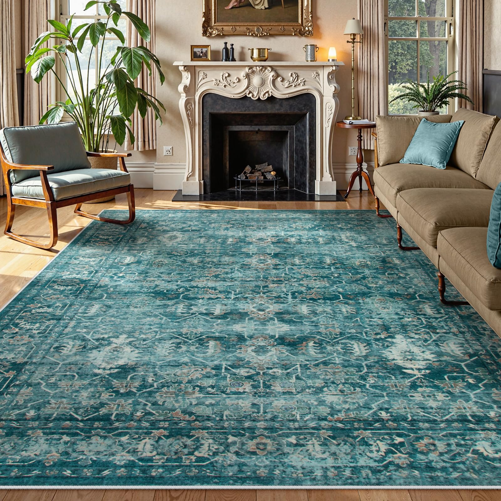 Lahome Vintage 8x10 Washable Blue Rugs for Living Room Bedroom, Boho Dining Room Rugs for Under Table, Soft Non Slip Indoor Throw Carpet for Home