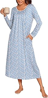 Ekouaer Long Nightgowns for Women Long Sleeve Sleepshirts Loungewear Casual Sleepwear Loose Sleep Dress with Pockets