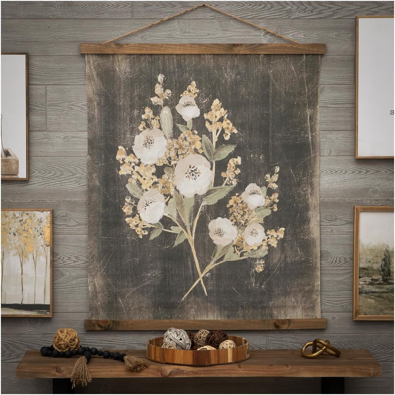 Hobby Lobby Vintage Floral Tapestry Canvas Wall Decor - MDF Frame, Distressed Black, Muted Flowers, Vertical Hanging Rope 36.5x34"