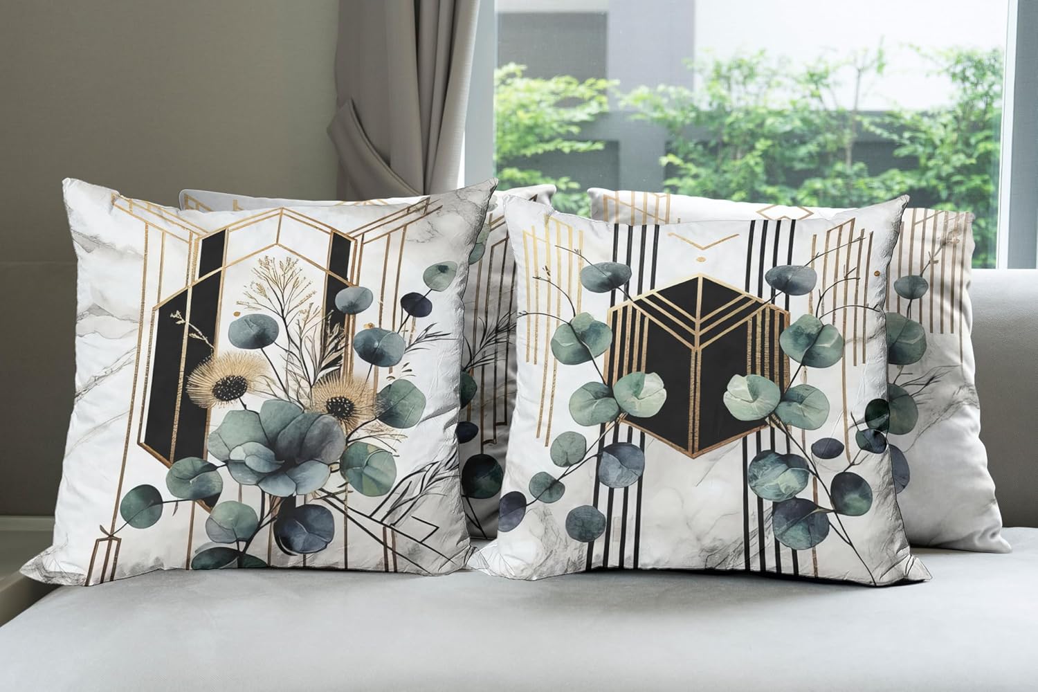 Ambesonne Eucalyptus Throw Pillow Cushion Cover Set of 4, Watercolor Branches and Geometric Modern Motives on Marble Print Back, Decorative Accent Double-Sided Printing, 20", Grey Teal Sand Brown