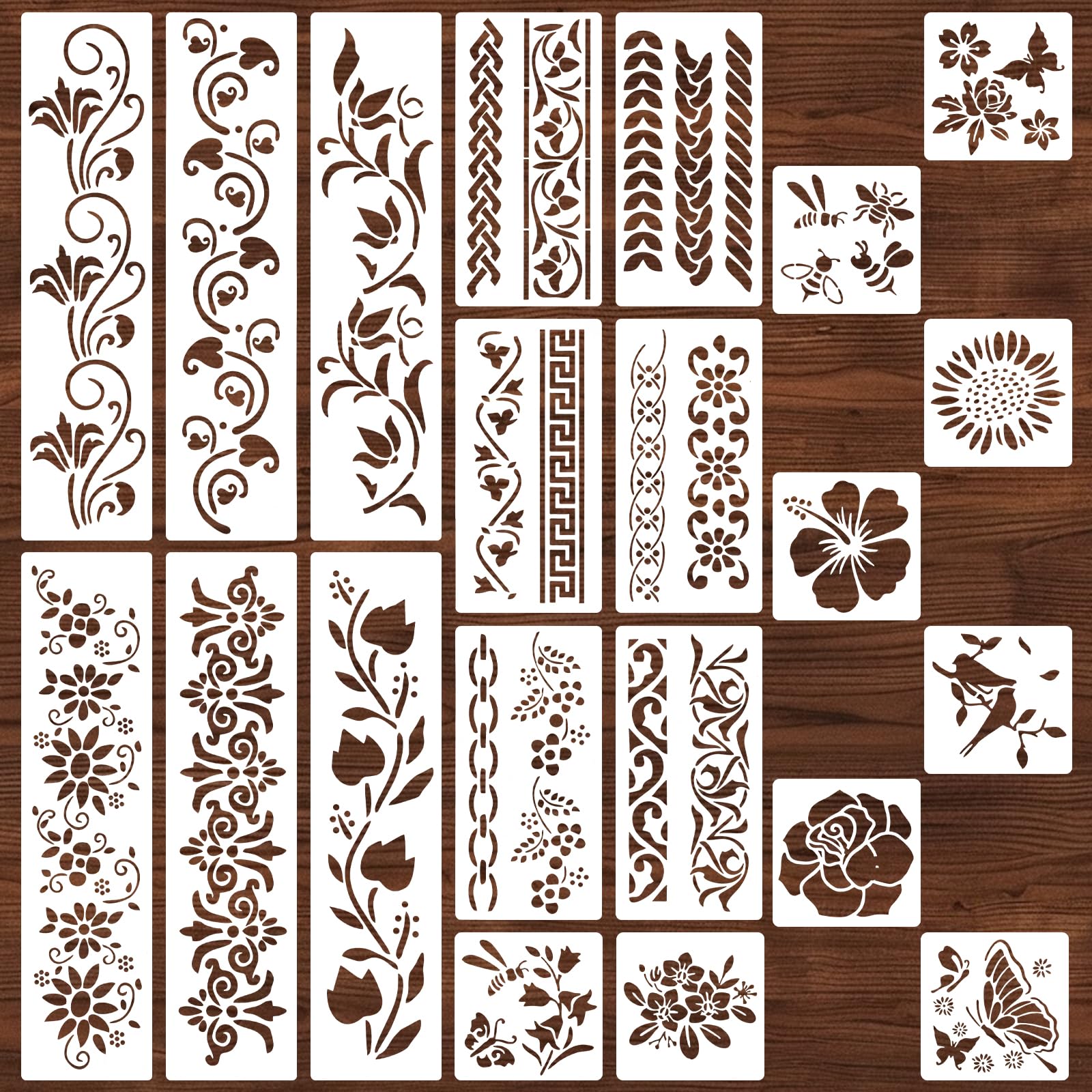 21Pcs Stencils for Painting Flower Texture Stencils for Crafts Reusable Natural Plants Wood Grains Flower Animal and Leaf Texture Templates DIY Art Painting Stencil for Canvas Bag Card Wall