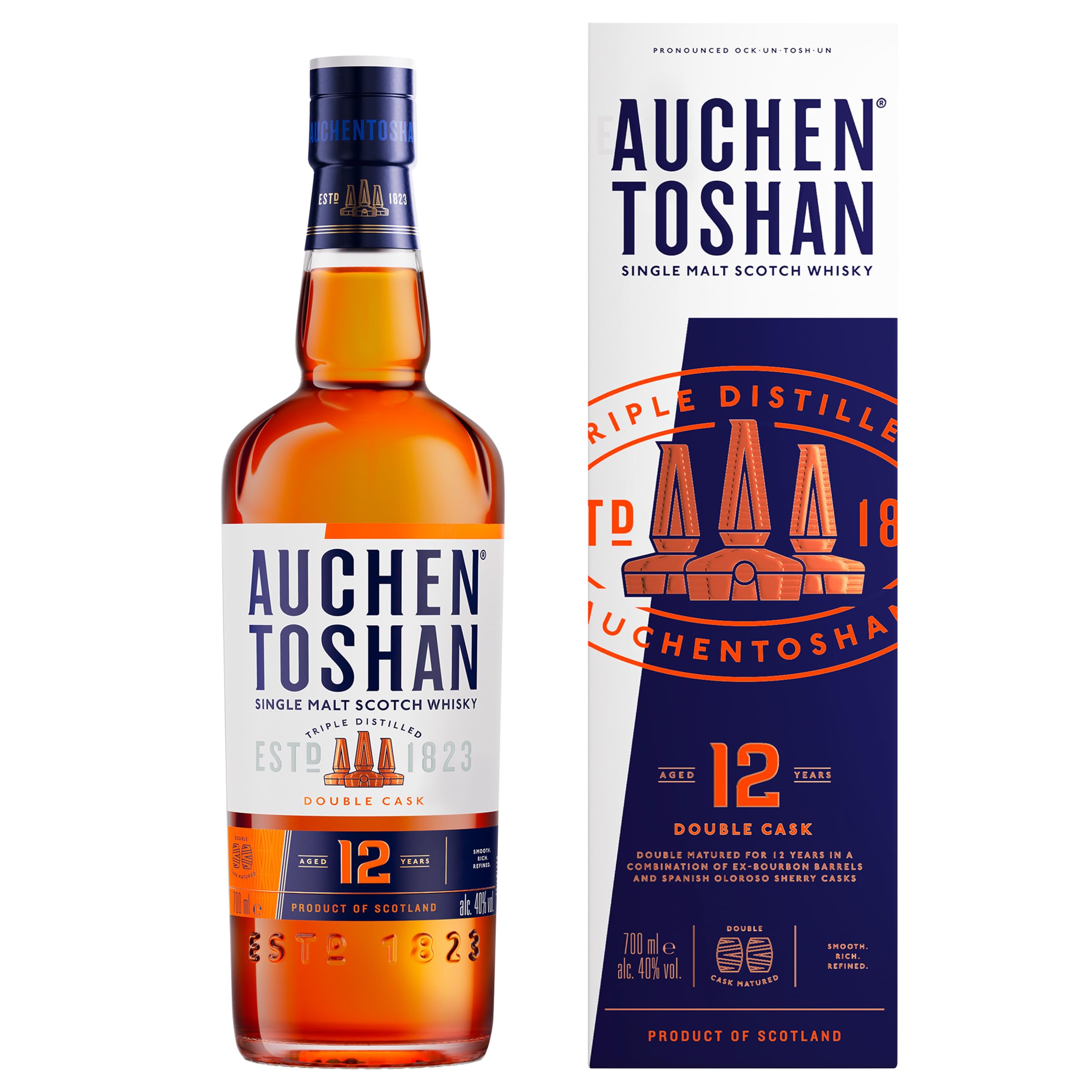 AUCHENTOSHAN 12 Jahre Double Cask, Single Malt Scotch Whisky, mit Geschenkverpackung, Karamellgeschmack und fruchtigen Aromen, 40 Prozent Vol, 700ml Einzelflasche