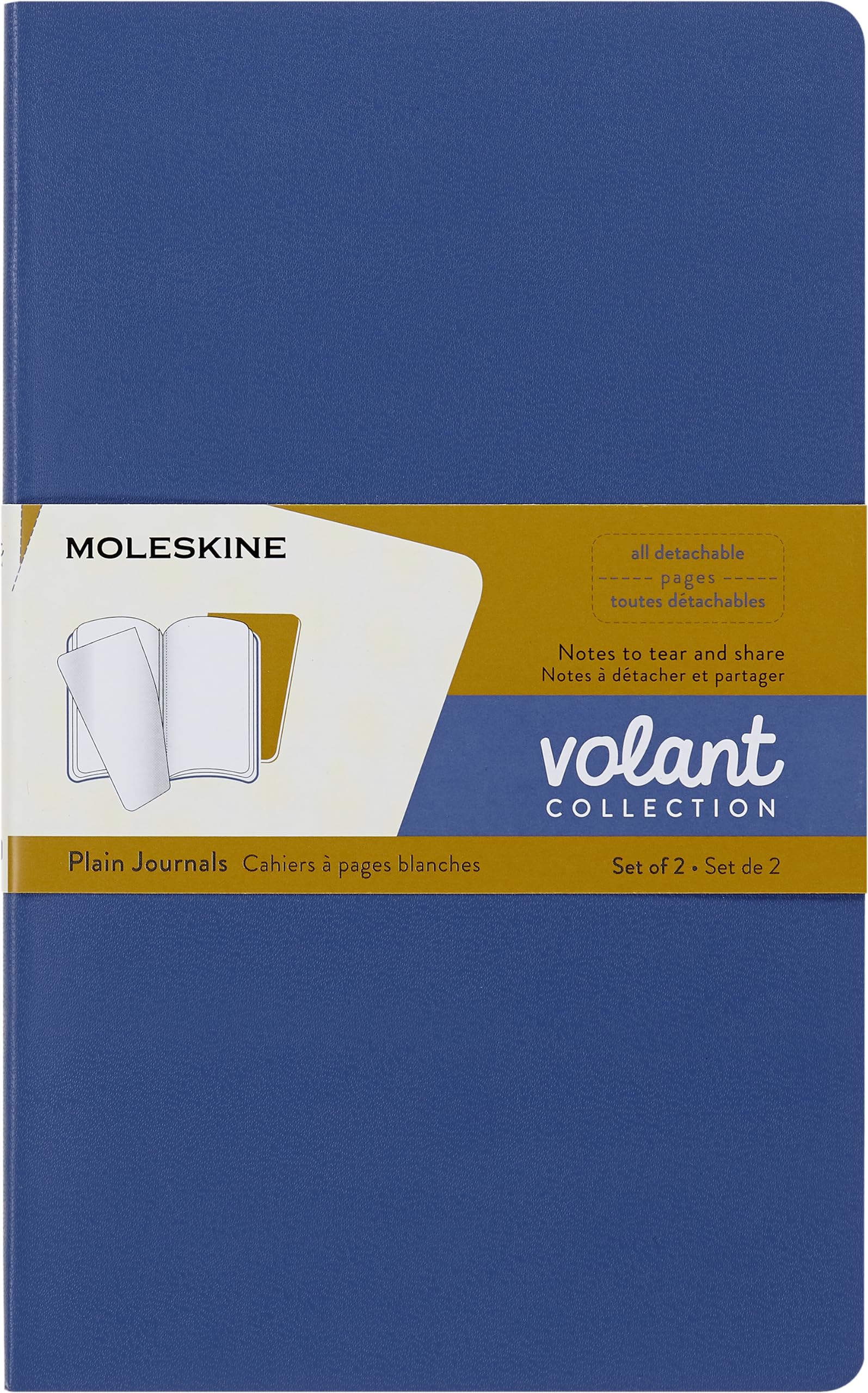 Moleskine Volant Journal, Set of 2 Notebooks With Blank Pages, Soft Cover and Detachable Sheets, Blue and Amber, Large Format 13 x 21 cm