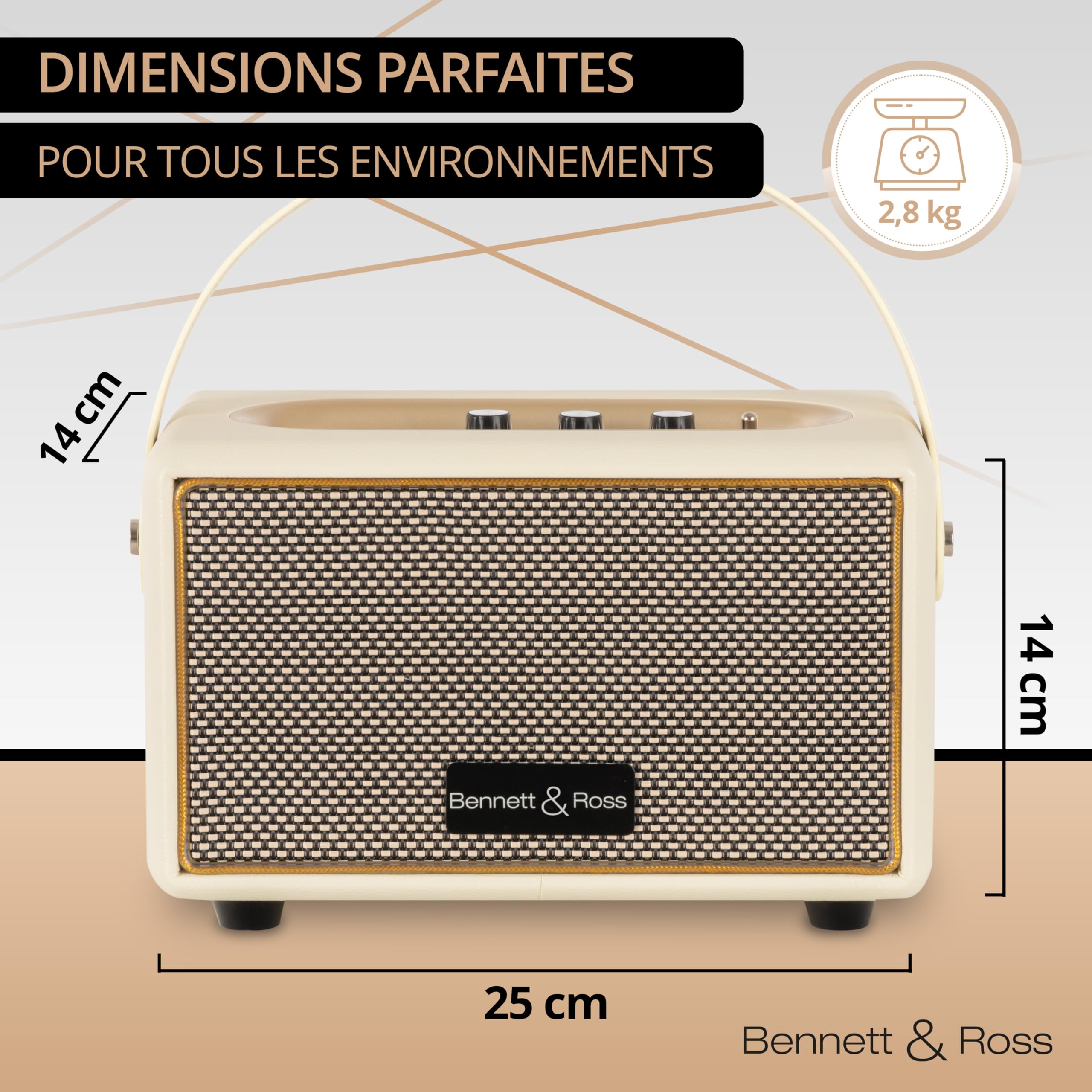 Bennett & Ross BB-820CW Blackmore Junior - Haut-Parleur Bluetooth rétro en Cuir avec accu 5200 mAh - Haut-Parleur Vintage avec 20W - Entrée MicroSD avec Lecteur MP3 - Aux-in - Enceinte Blanc créme