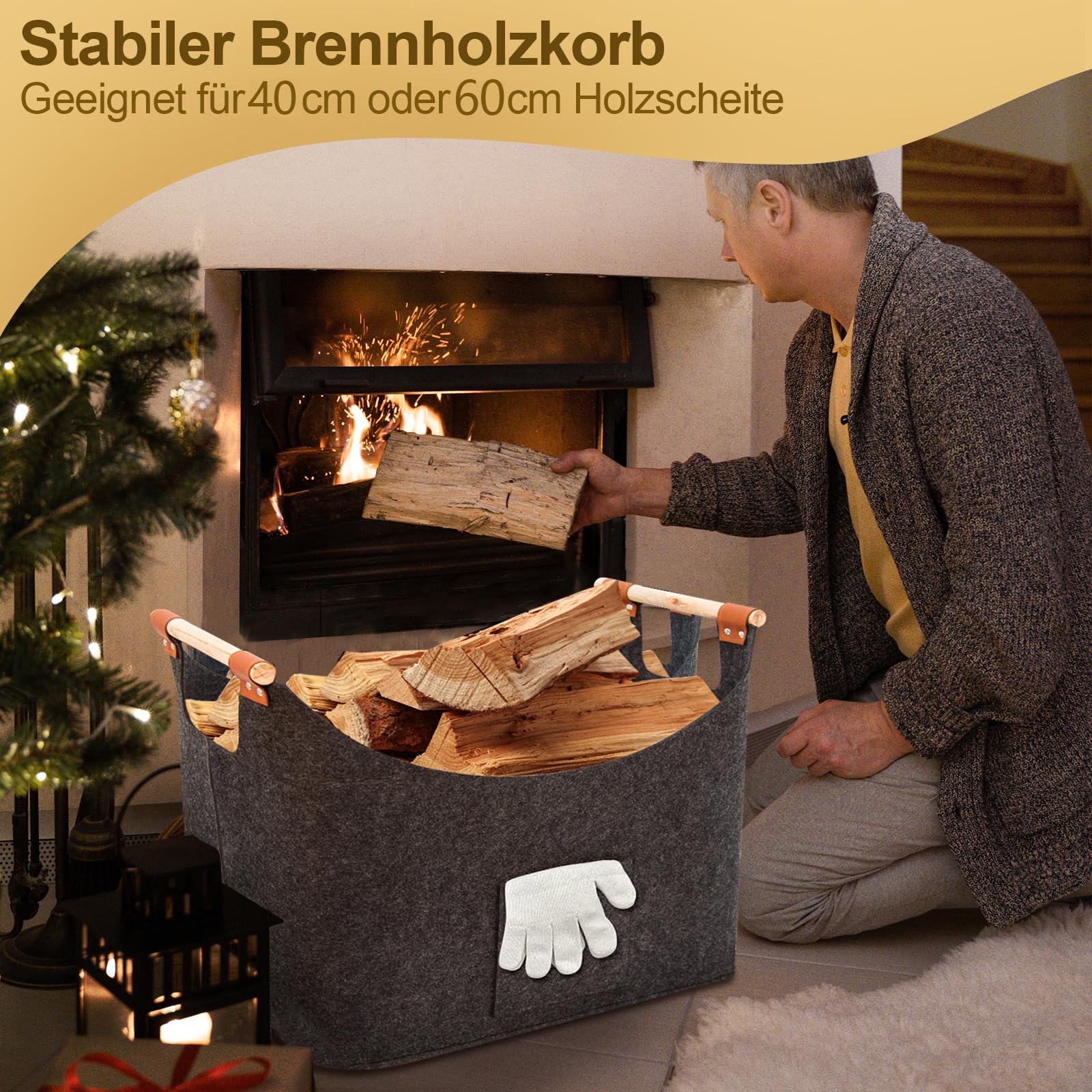 FINEW Cesto in legno per legna da ardere, 2 pezzi, 90 l, con guanti, 60 x 40 x 40 cm, grande cesto in feltro per legna da ardere, giornali, legno, giocattoli