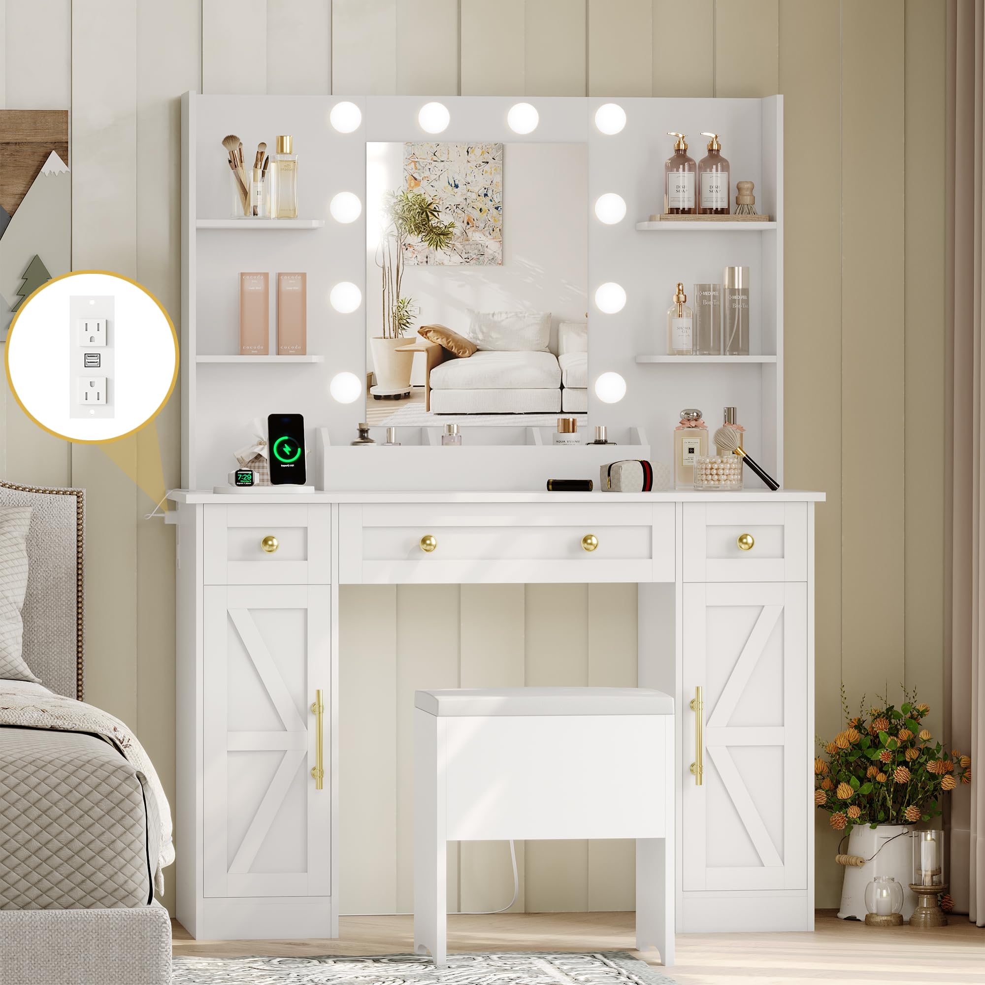 Vanity Makeup Desk with Mirror and Lights, White Farmhouse Vanity Table Set with Storage Drawers, Charging Station & Chair, 43