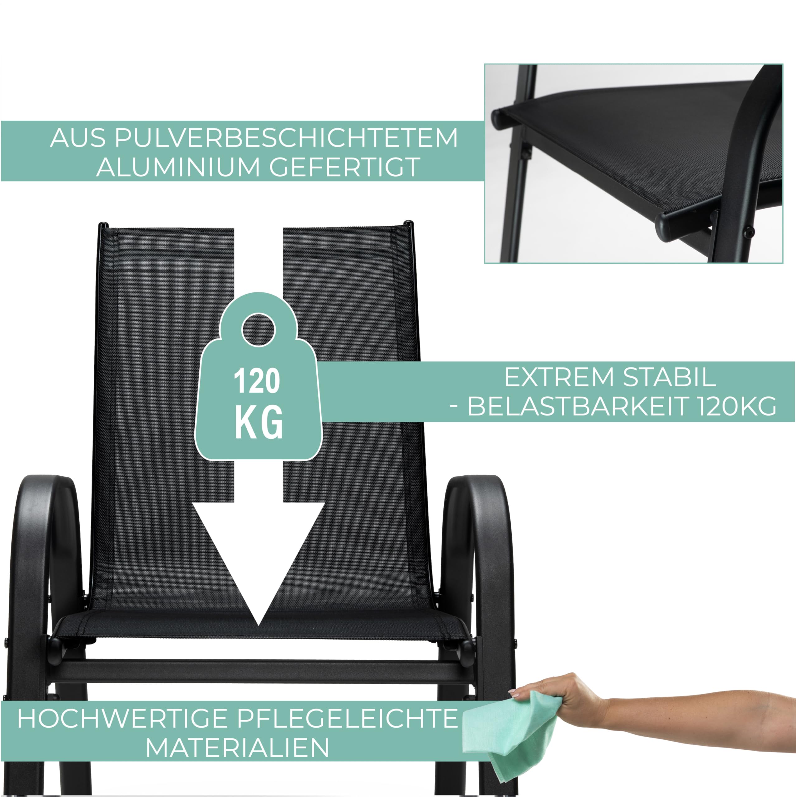 sunnypillow 4er Set Stapelstühle schwarz – Hochlehner Gartenstühle mit Armlehnen, stapelbare Terrassenstühle aus Textilene & pulverbeschichtetem Stahl, belastbar bis 120 kg, ideal für Innen und Außen