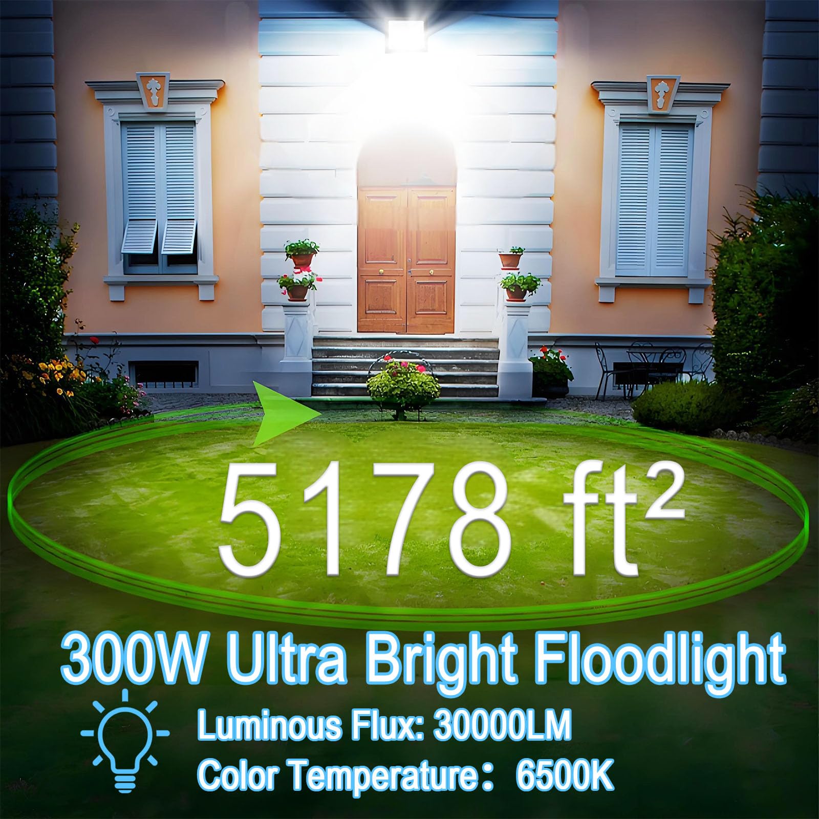 2 Piezas Focos LED Exterior 300W, Tkdaksy 1M Cable Blanco Frío 6500K Proyector LED Exterior, Resistente al Agua IP66 Foco Proyector LED, 20000LM para Terrazas, Patios, Balcones, Parques, Garajes, Fábr
