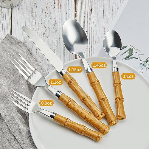 Miniatura 3 de Juego de cubiertos de bambú de 20 piezas, juego de cubiertos de mango de plástico para 4, cubiertos de acero inoxidable que incluye cuchara y