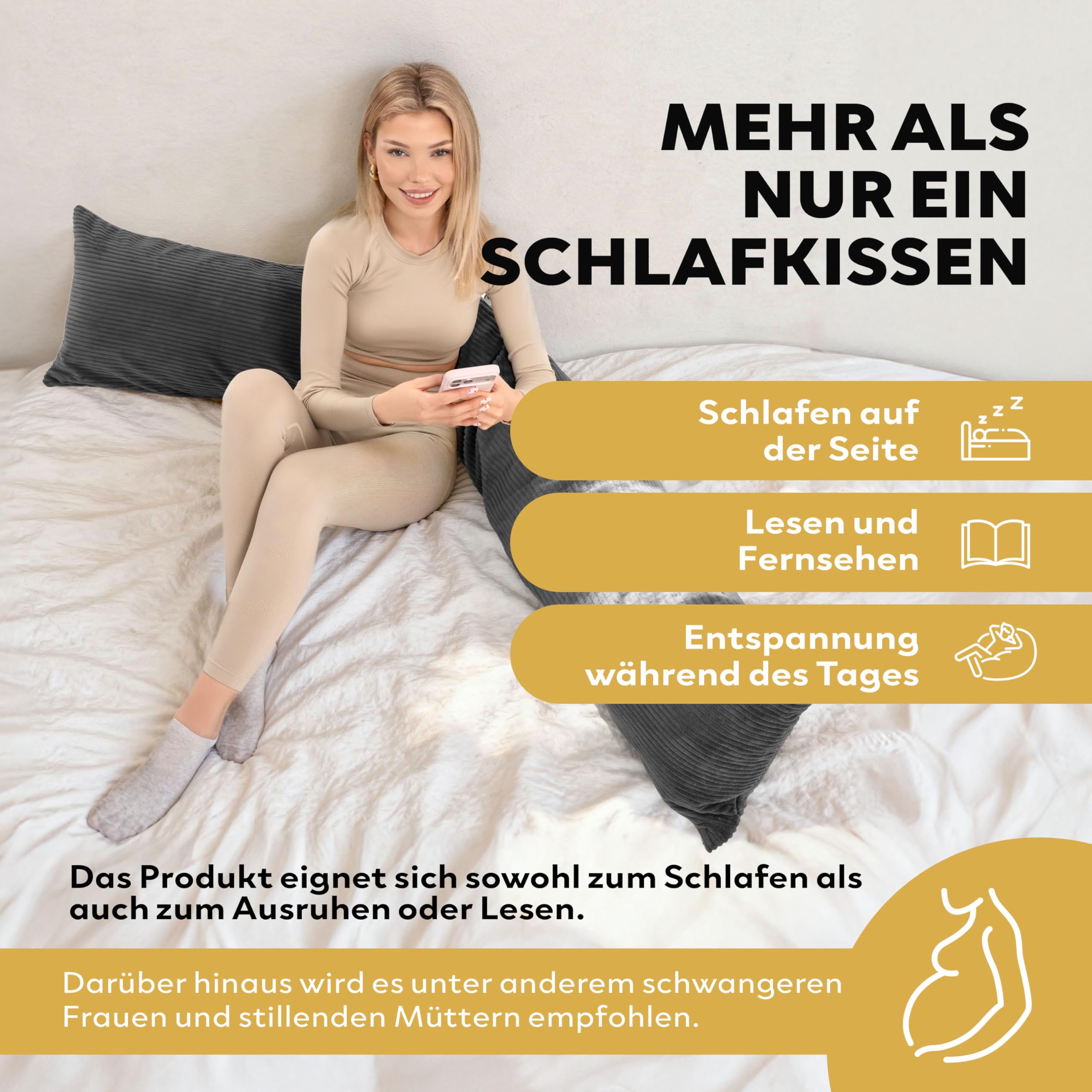 Premium Seitenschläferkissen 200 x 40 cm – Ergonomisches Körperkissen Bezug – anschmiegsam & atmungsaktiv – Allergikerfreundlich, waschbar (1, Dunkelgrau, 200 x 40 cm)
