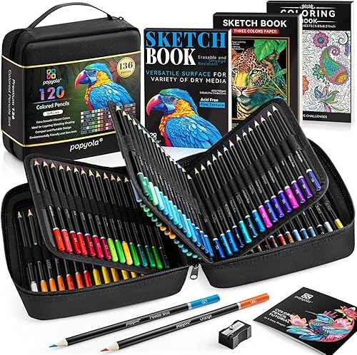 POPYOLA Juego de suministros de arte, 136 lápices de colores, cuaderno de bocetos, libro para colorear, sacapuntas, estuche portátil, para niños y