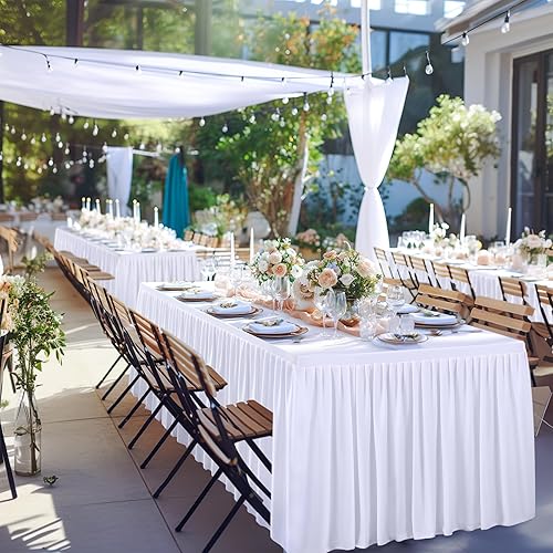 Miniatura 8 de Manteles de mesa de poliéster blanco para mesas rectangulares de 6 pies, sin arrugas, manteles elásticos de 6 pies con falda para fiestas, bodas,