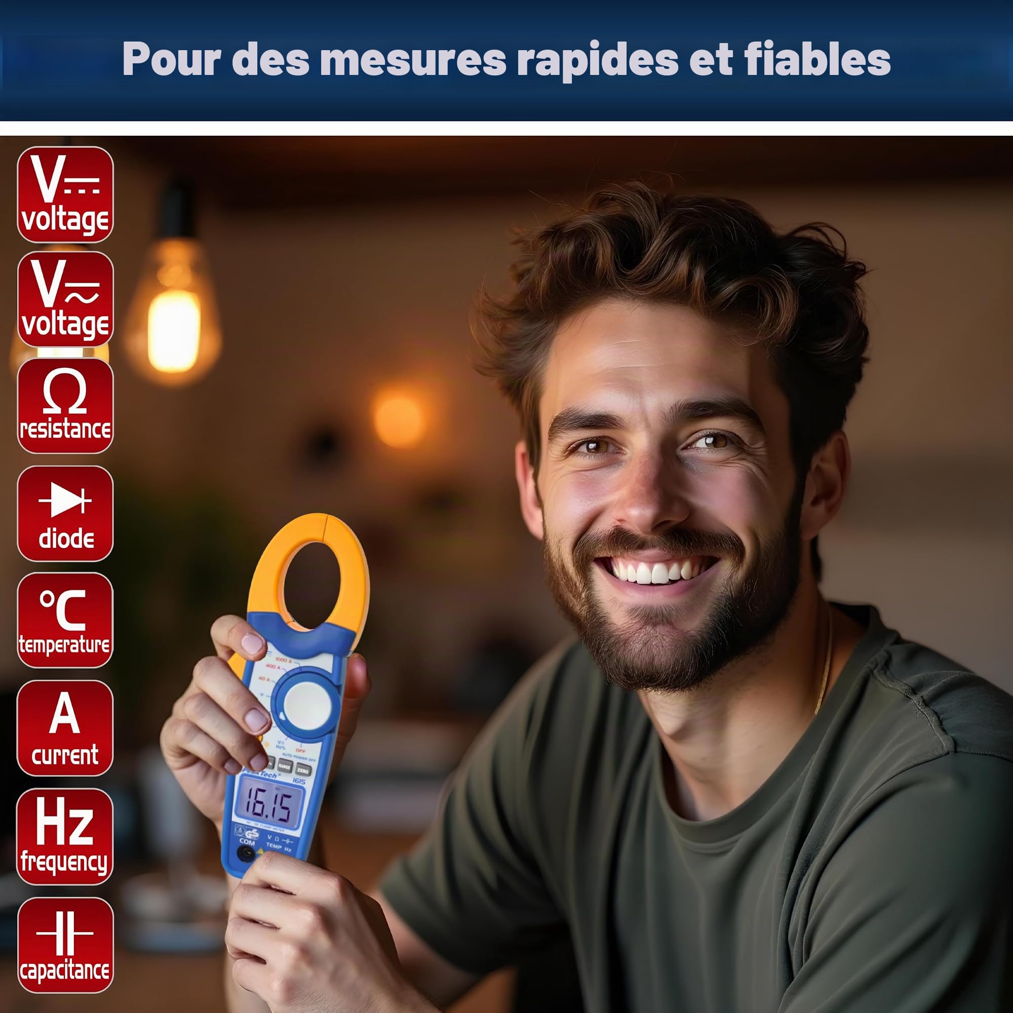 PeakTech 1615 - Pince Ampèremétrique 1000A AC/DC, Multimètre à Pince, TÜV/GS, CAT III, Pince de Courant, 4000 counts, Voltmètre sans Contact, Ampèremètre, Testeur de Continuité - Max. 600 V