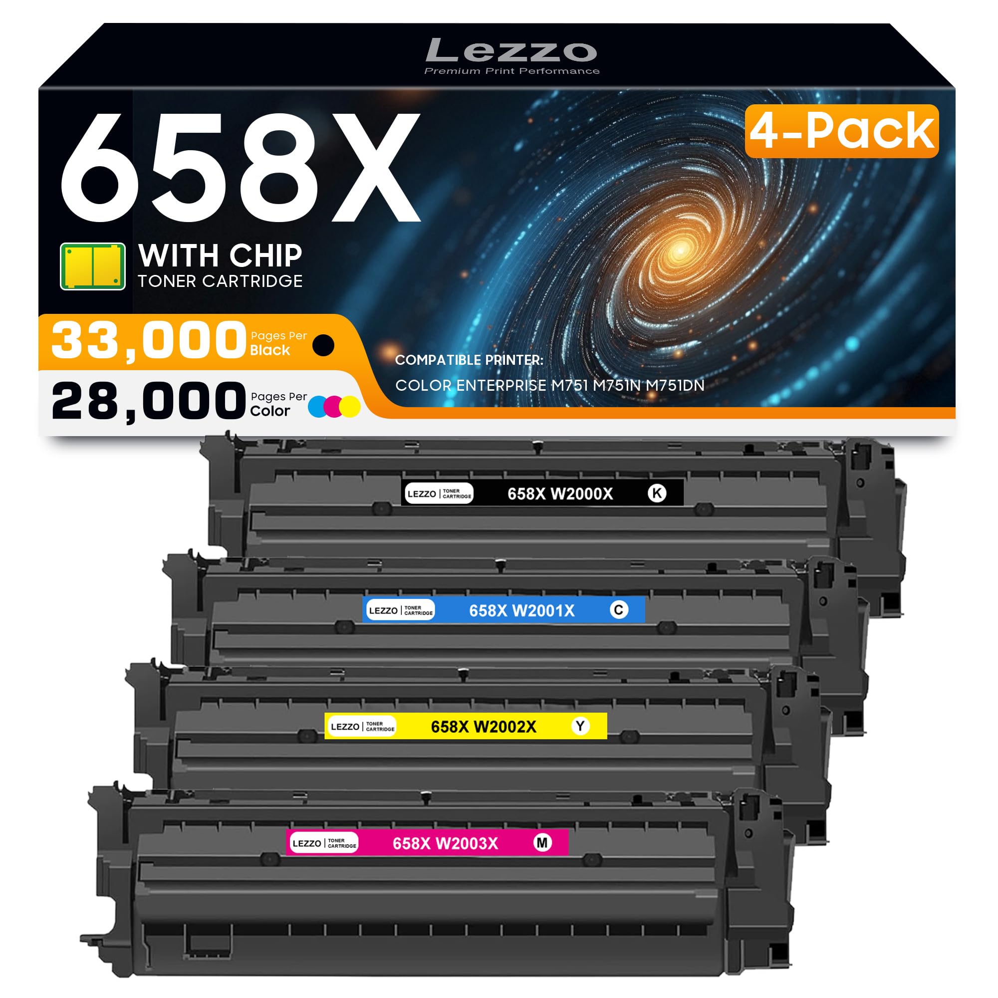 658X Toner Cartridge 4-Pack 658X W2000X W2001X W2002X W2003X Toner Replacement for HP 658X 658A Toner for Color Enterprise M751 M751n M751dn Printer (Black Cyan Yellow Magenta)