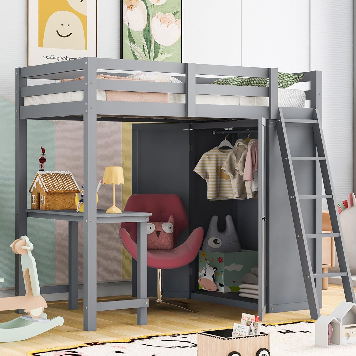 Twin Size Loft Bed with Desk and Wardrobe, Wooden Loft Beds