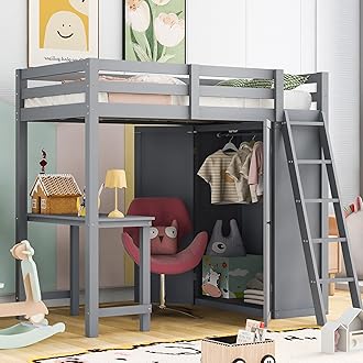 Quarte Twin Size Wooden Loft Bed,Multifunctional Loft Bed with Wardrobe and Desk and Shelves,Designed for Kids Boys Girls Teens Adults (Gray/Wardrobe5)