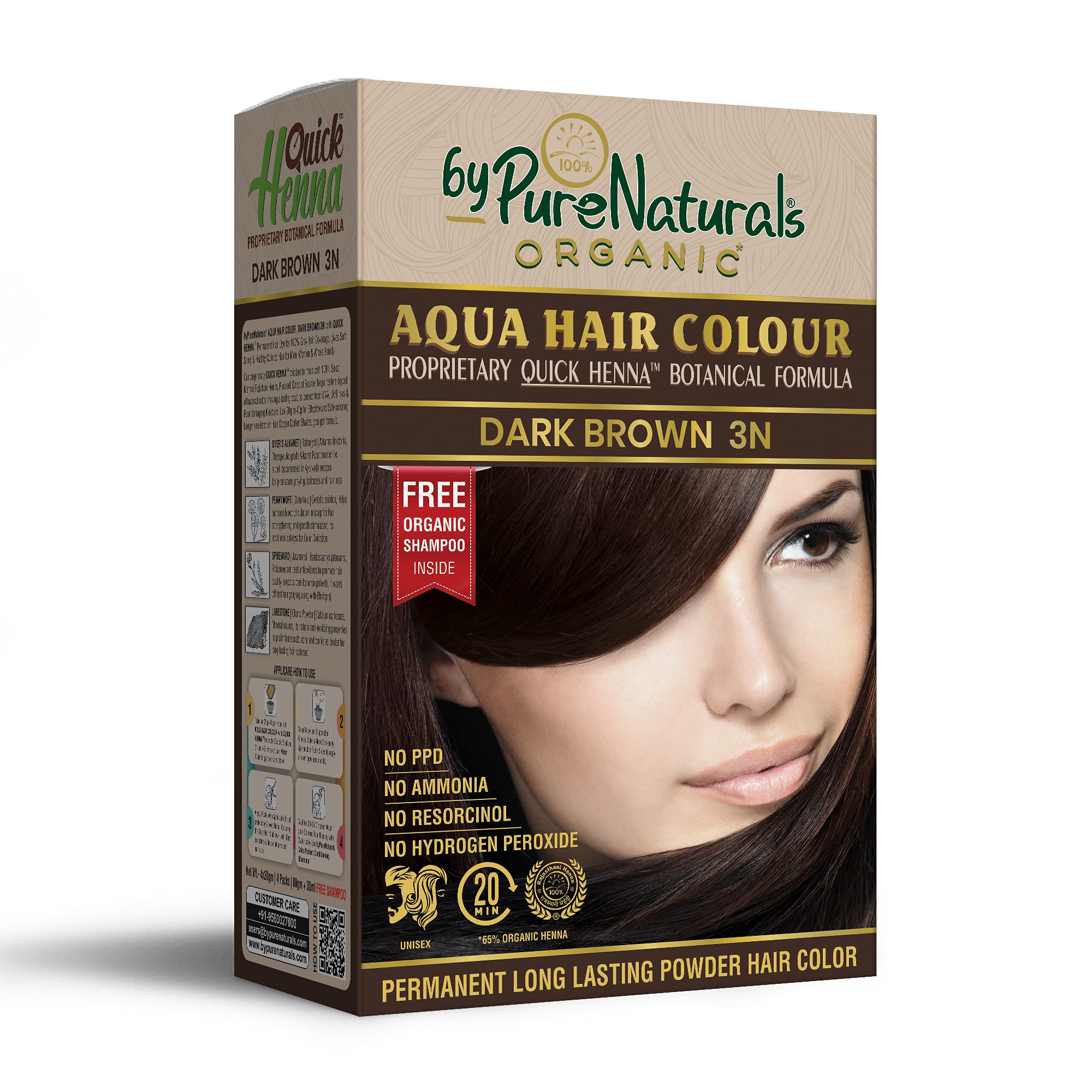 byPureNaturals QuikHenna Aqua Powder Hair Colour 3N Dark Brown 110gm | PPD & Ammonia Free Beard Colour for Men | Natural Hair Colour for Women & Men
