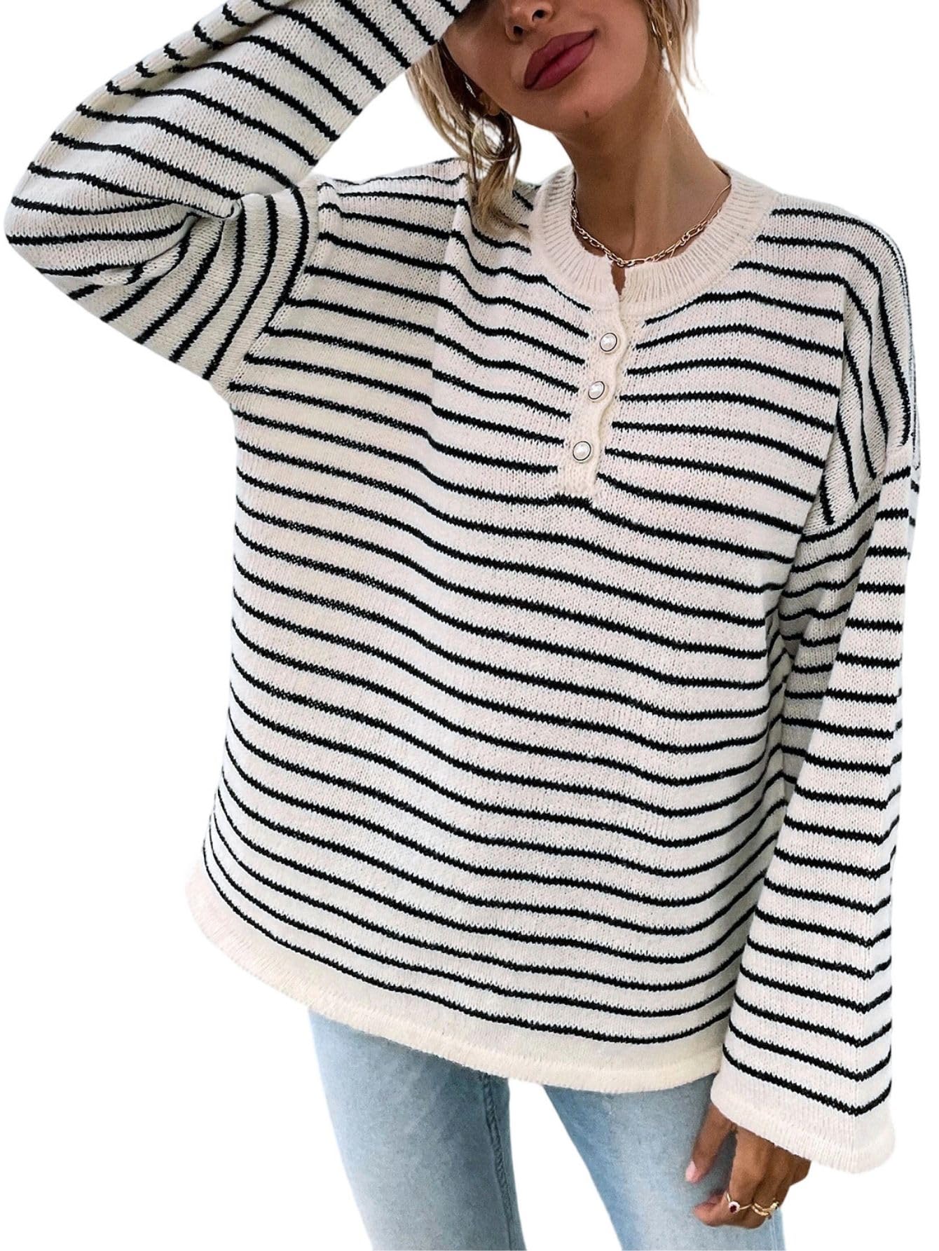 SHENHE Womens Oversized Striped Sweater Long Bell Sleeve Buttons Up Ribbed Knit Tops Fall Sweater